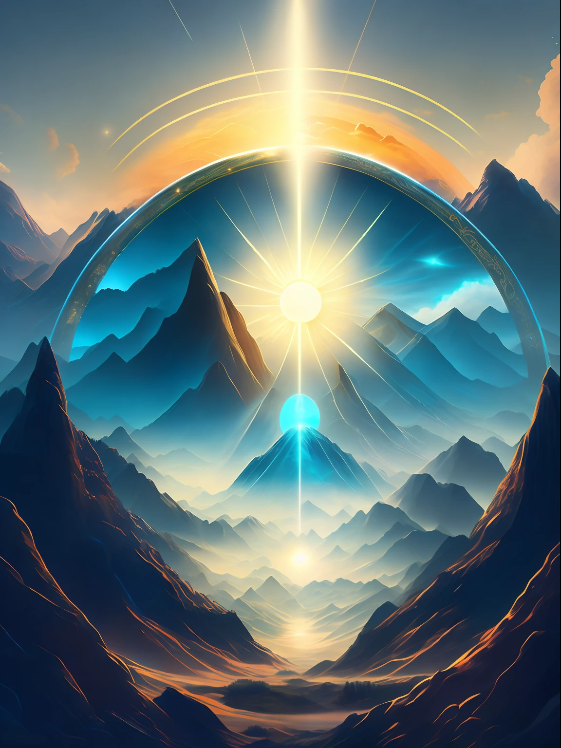Best quality, masterpiece, ultra high res, (photorealistic:1.4), raw photo,Land of Heavens, mountains illuminated by a mist, mist descending and ahead a tower with a giant eye on top, snake pupil, blue eye, Lord of the Rings, Sauron, all-seeing eye, eye of illuminati, fantasy, blue,cyan tones, T-shirt design, midjourney, vector art, hydro74, solar flares, halo effects, suite, cinematic lighting, serene bliss, diffused light, daylight, god rays, sun rays, chromatic abberation, caustics
