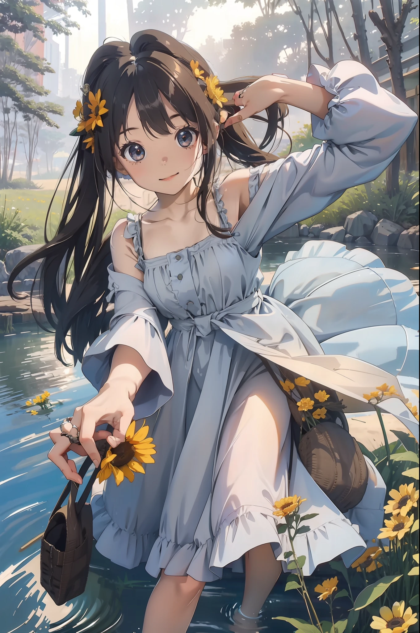 one-girl, rays of sunshine, Lake cottage, big bright eyes, flower ring, Long dress