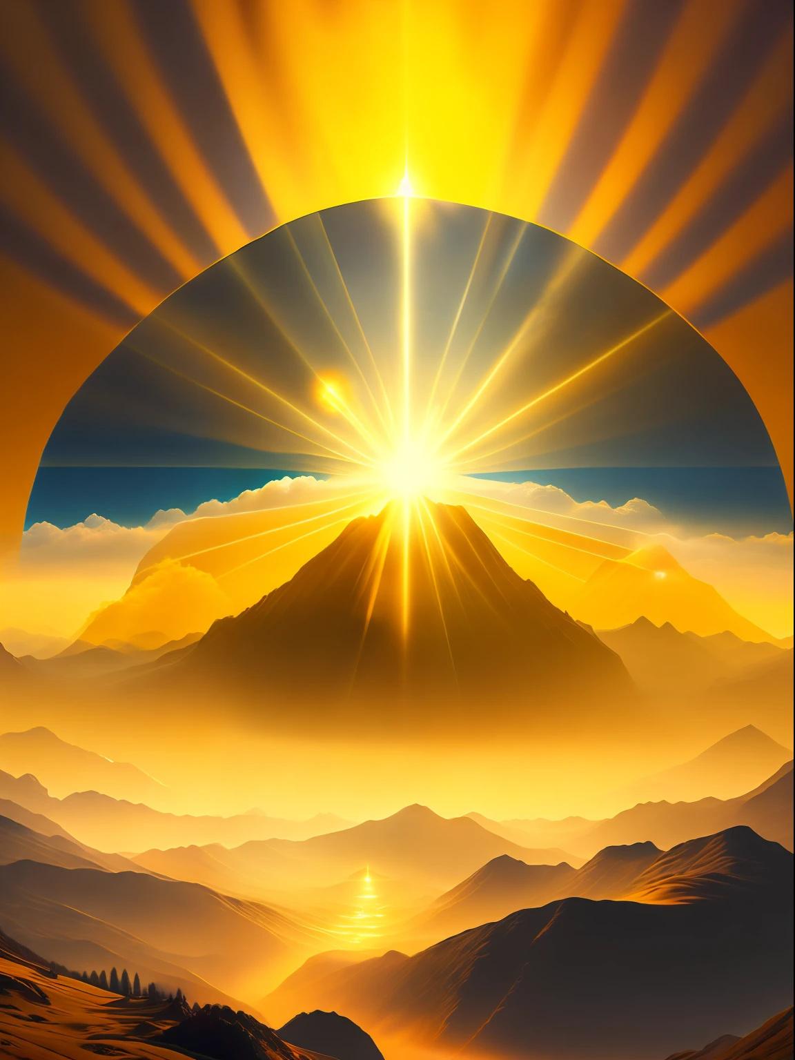 Best quality, masterpiece, ultra high res, (photorealistic:1.4), raw photo,Land of Heavens, mountains illuminated by a mist, mist descending and ahead a to Lord of the Rings, Sauron, fantasy, yellow, orange tones, T-shirt design, midjourney, vector art, hydro74, solar flares, halo effects, suite, cinematic lighting, serene bliss, diffused light, daylight, god rays, sun rays, chromatic abberation, caustics
