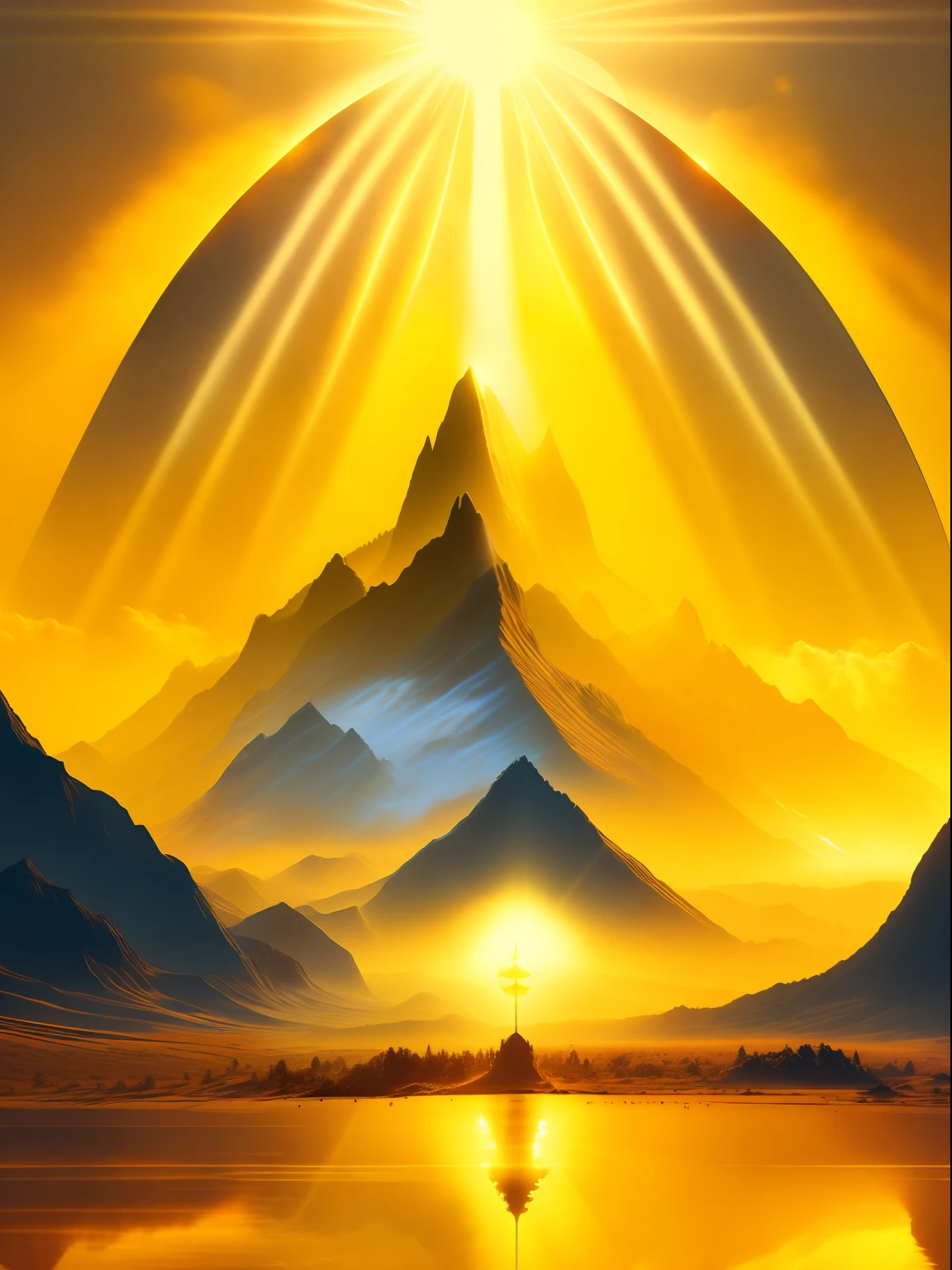 Best quality, masterpiece, ultra high res, (photorealistic:1.4), raw photo,Land of Heavens, mountains illuminated by a mist, mist descending and ahead a to Lord of the Rings, Sauron, fantasy, yellow, orange tones, T-shirt design, midjourney, vector art, hydro74, solar flares, halo effects,   suite, cinematic lighting, serene bliss, diffused light, daylight, god rays, sun rays, chromatic abberation, caustics