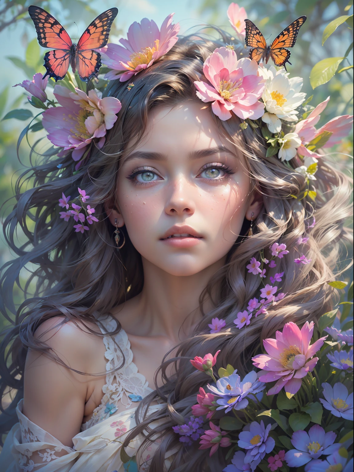 This artwork is dreamy and in the style of mythic fantasy, with soft watercolor hues in varying shades of pink, blue, and purple. Generate an ornate figure from Greek mythology and realistic skin and hair texture. Her strong, proud face has realistically shaded eyes and puffy lips, and a big mouth. Her soft, realistic hair is dancing in the breeze along with the flowers and detailed butterflies that surround her. Include highly detailed fantasy touches including a beautiful watercolor sky. Include 8k eyes, hires eyes, beautiful detail eyes, beautiful detailed eyes, and realistic eyes. Include fantasy details, enhanced details, iridescence, and colorful glitter. Pay special attention to her face and make sure it is beautifully and realistically detailed. 8k, intricate, elegant, highly detailed, majestic, digital photography, art by artgerm and ruan jia and greg rutkowski, (((masterpiece, finely detailed beautiful eyes: 1.2))), hdr, ((realistic skin texture)), rays of light, ornate flowers, dew drops, sunlight, hazy rays of sun, flowergateway style, castle, palace, archway, flowers, growing