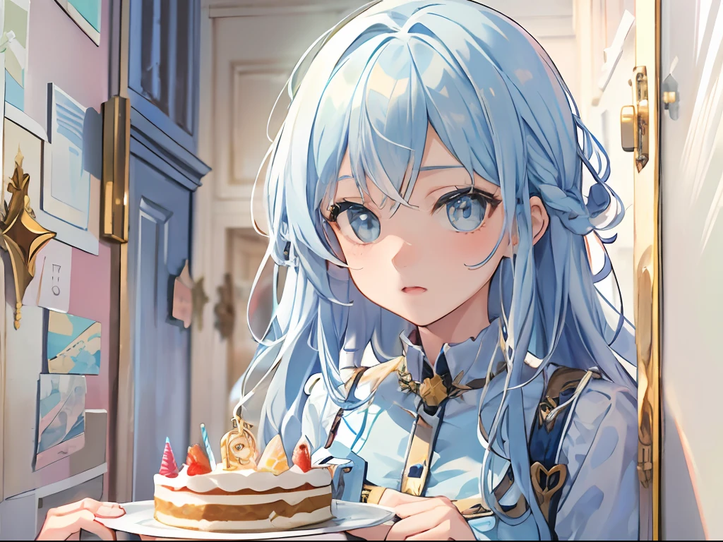 Best quality, tmasterpiece, A -yeld giLong light blue hair and blue eyes,The expression is tactful and subtle,Holding a delicate plate in his hand,There was a dime of birthday cake on the plate,The girl stood against the wall in the doorway of a room