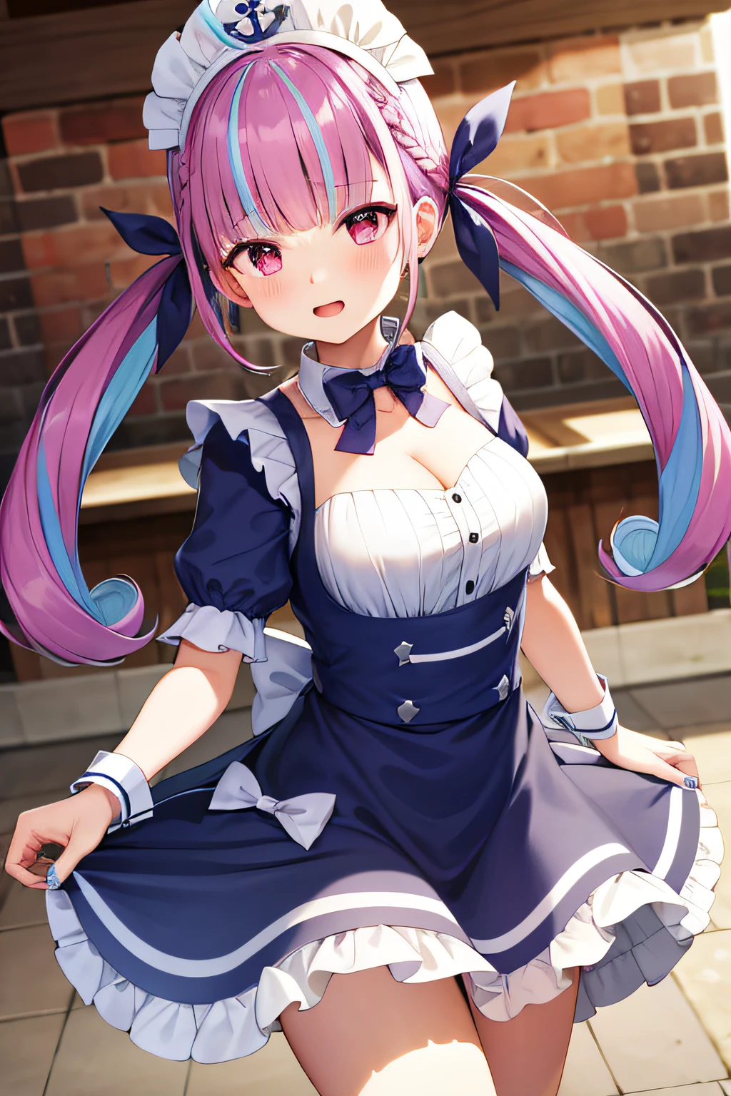 Illustration, 4K, 8K, (High quality:1.1),1girl in, ​masterpiece,top-quality,Minato Aqua、long、multi color hair、doress、Twin-tailed、Maid headdress、Color Inner Hair、Purple Eye、Anchor Symbol、blue hairs、bow ribbon、Two-tone hair、shortsleeves、Braids、Blue Dress、Wrist cuffs、bow ribbon、bangss、Drill Hair、Blue Nails、twin drills、Puffy Short Sleeves、Hair Ribbon、Purple hair、Puffy Sleeve、Ahoge、Ankle Cuffs、Dress Ribbon、Maids、frilld、manicure、striated hair、white bow、Cowboy Shots,cafe