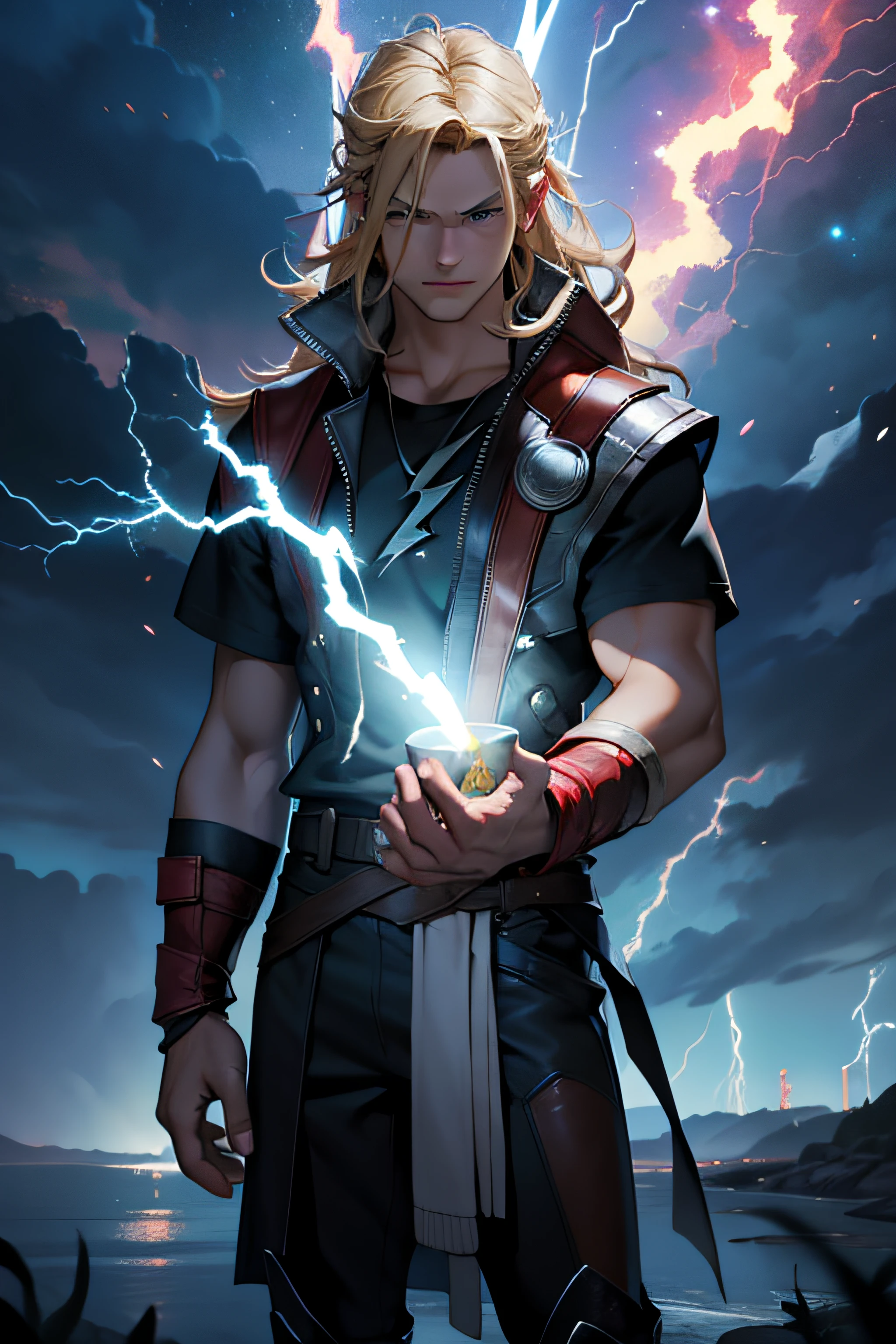 1 solo Thor com as roupas de Terry Bogard pretas, raios ao redor de si, thunder, thunder , cabelo blond, roupas pretas, vestes pretas, Nebula and smoke, black cloth, ((both hands together holding a lightning bolt)), um thunder, o raio de Thor, tempo fechado, tempo nublado, tempo escuro, cidade, raios ao redor