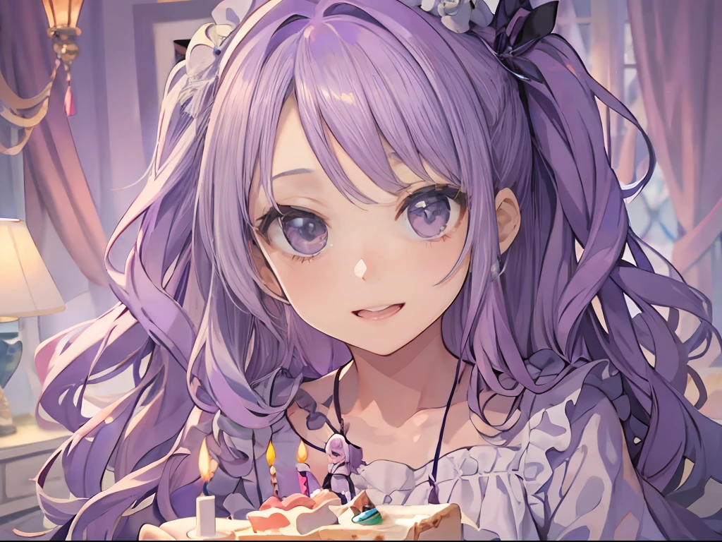 Best quality, tmasterpiece, A 12-year-old girl,Long light purple hair and purple eyes,Happy expression,In the shabby bedroom,Eat a small piece of birthday cake
