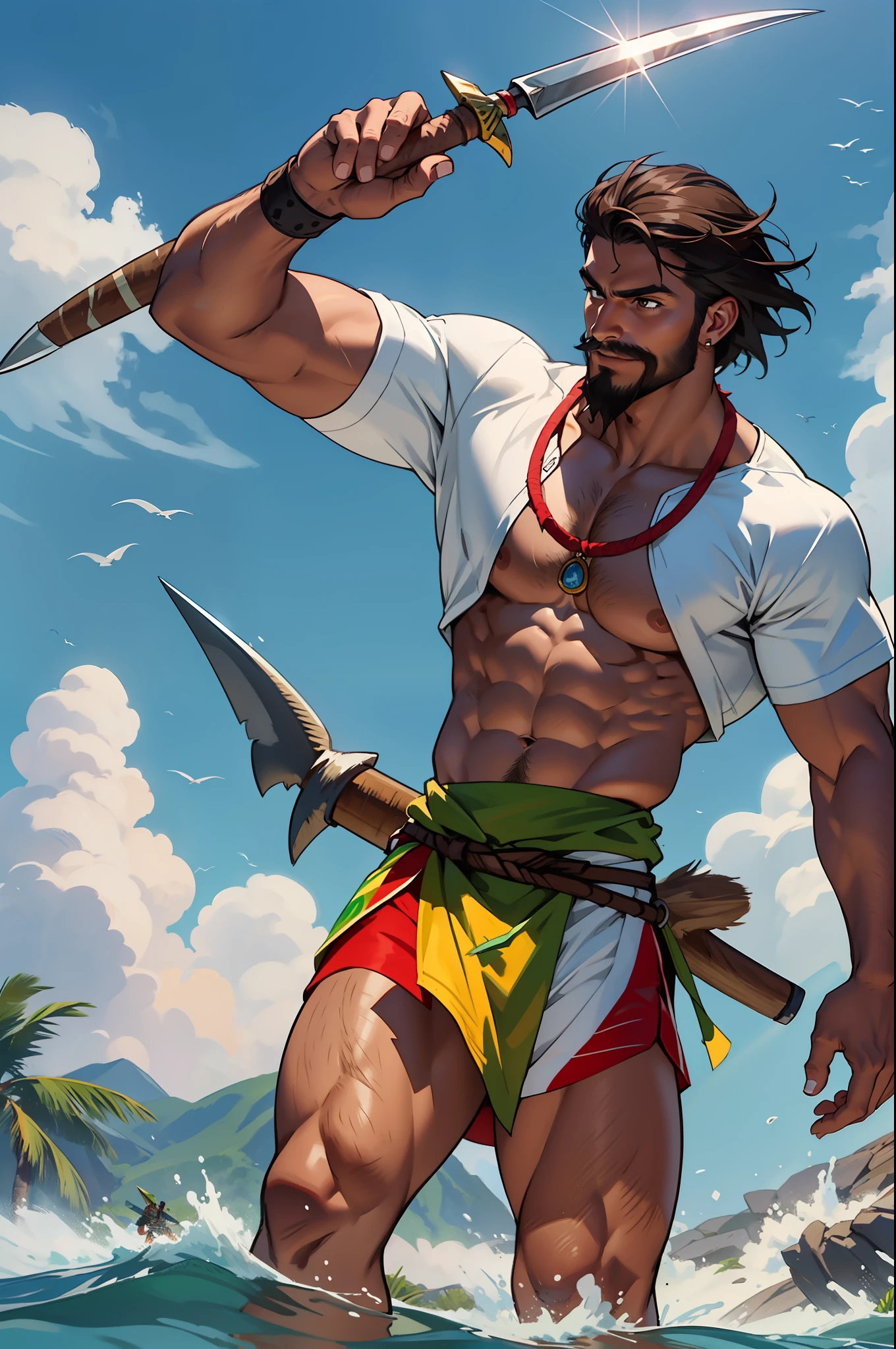 ( Realistic style ) Brazilian Latin boy with tanned brown skin, very short hair and small earrings ring in the ears, thick mustache and thin beard. Wearing Brazilian indigenous warrior clothes, holding a huge spear whose tip looks like a shark fin. In a huge lake with Blades made of water in the background, and some sharks made of water.
