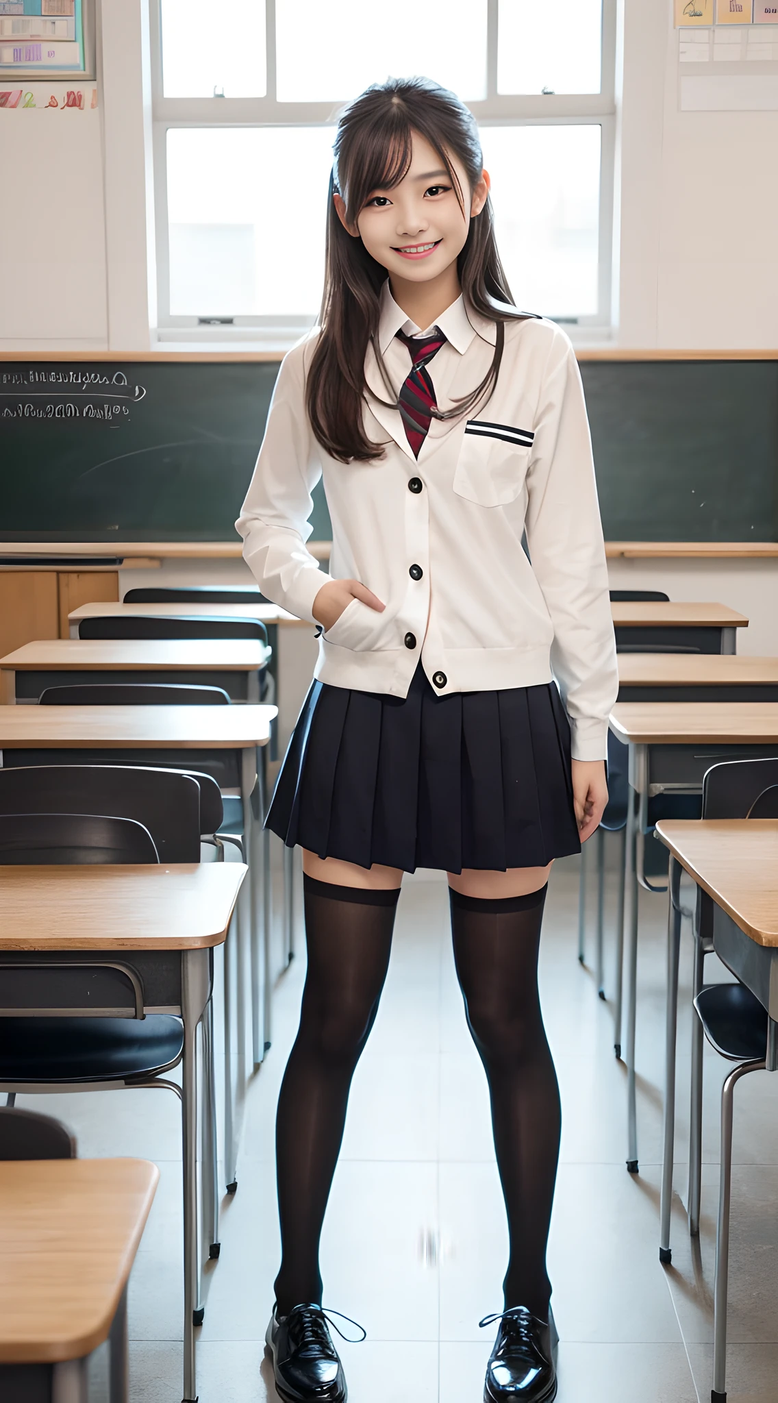 1girl, Cute, Black-haired, 14 years old, Smile, Looks pure, School uniform, Photography, Realistic, Best Quality, Detailed face, Full body, slender, Slender legs, Long legs, Wearing thigh-high socks, shoes on, School, classroom