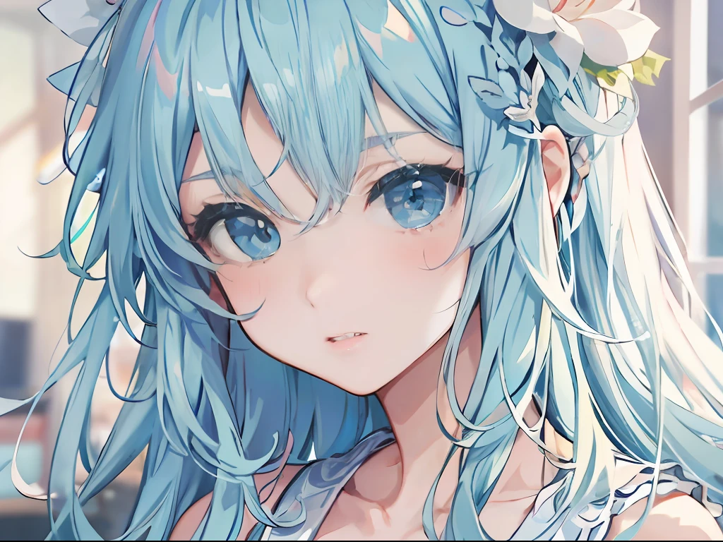Best quality, tmasterpiece, A -yeld giLong light blue hair and blue eyes,The expression is cautious,closeup cleavage