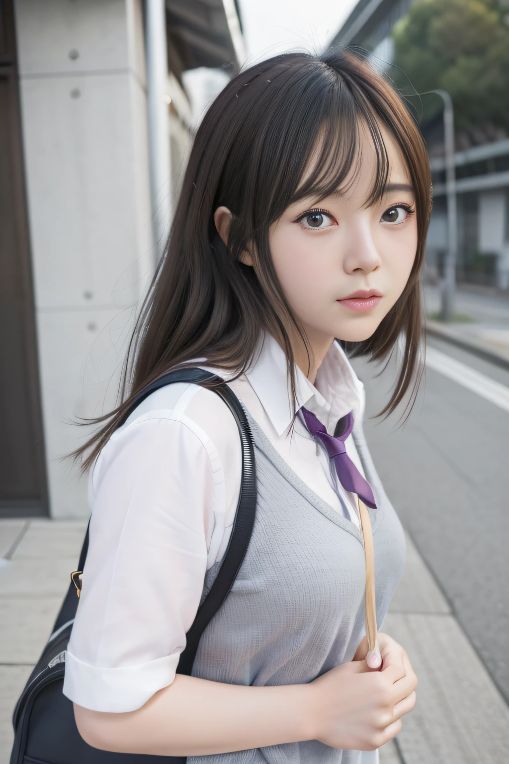 Eating eggplant、japanaese girl, School uniform, Mature girl, Background with In front of the station、(top-quality、masterpiece、超A high resolution(Photorealistic:1.4)、Cinematic)