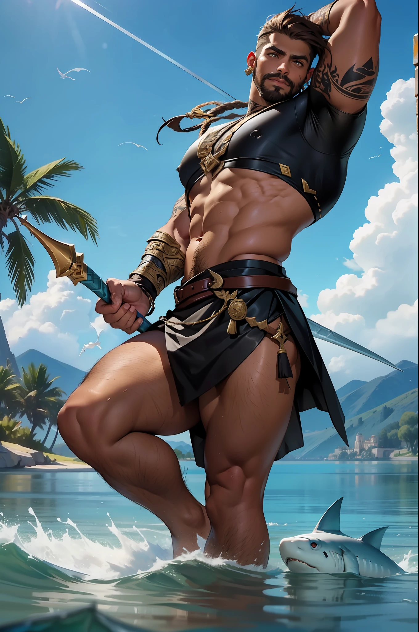 ( League of legends style ) Latin boy with light brown skin, very short hair and small earrings ring in the ears, thick mustache and thin beard. Wearing assassin warrior clothes, holding a large spear. In a huge lake with Blades made of water in the background, and some sharks made of water