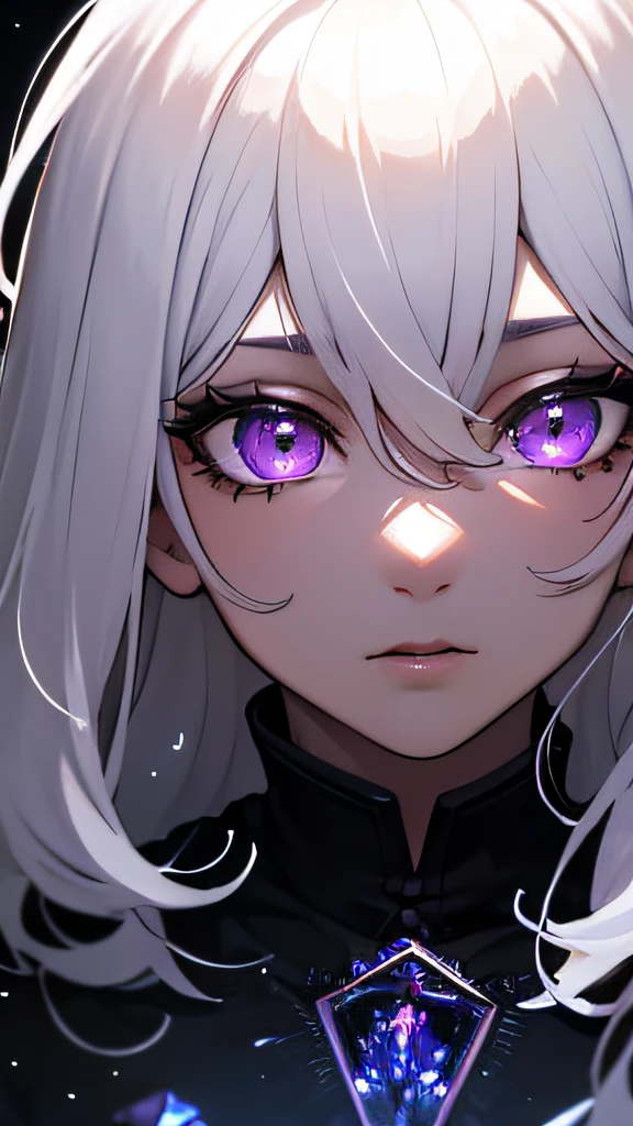 (masterpiece, best quality, ultra-detailed, best shadow), (detailed background,dark fantasy), (beautiful detailed face), high contrast, (best illumination, an extremely delicate and beautiful), ((cinematic light)), colorful, hyper detail, dramatic light, intricate details, (1girl, solo,white hair, sharp face,purple eyes, hair between eyes,dynamic angle), blood splatter, swirling black light around the character, depth of field,black light particles,(broken glass),magic circle,