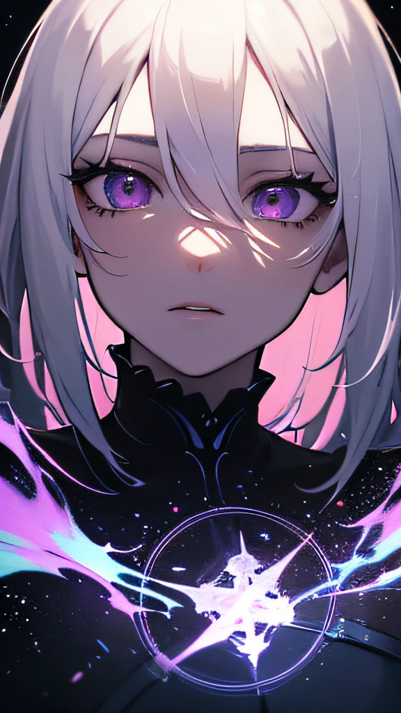 (masterpiece, best quality, ultra-detailed, best shadow), (detailed background,dark fantasy), (beautiful detailed face), high contrast, (best illumination, an extremely delicate and beautiful), ((cinematic light)), colorful, hyper detail, dramatic light, intricate details, (1girl, solo,white hair, sharp face,purple eyes, hair between eyes,dynamic angle), blood splatter, swirling black light around the character, depth of field,black light particles,(broken glass),magic circle,