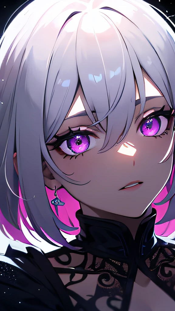 (masterpiece, best quality, ultra-detailed, best shadow), (detailed background,dark fantasy), (beautiful detailed face), high contrast, (best illumination, an extremely delicate and beautiful), ((cinematic light)), colorful, hyper detail, dramatic light, intricate details, (1girl, solo,white hair, sharp face,purple eyes, hair between eyes,dynamic angle), blood splatter, swirling black light around the character, depth of field,black light particles,(broken glass),magic circle,