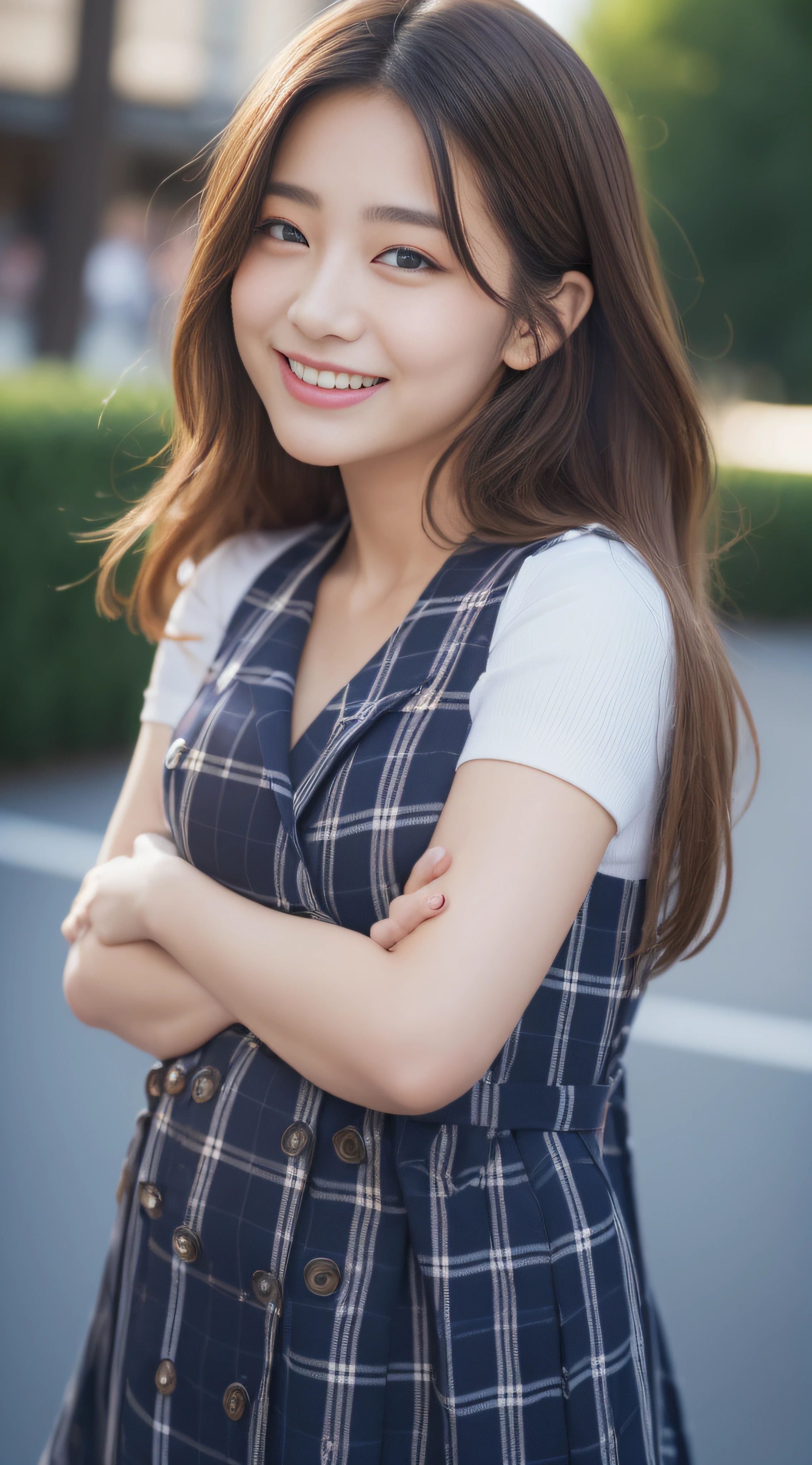 ((top-quality、8K、masterpiece:1.3))、1girl in、A smile、full body Esbian、Slim Faces、Pretty women、(dark brown hair)、Full-length dresses:1.1、hyperdetailed face、A detailed eye、二重まぶた、blured background、Slim Faces、城市、takeout、a street、Hands behind your back、(huge-breasted:1.6), Japan Idols、cute little、Heavy eye makeup、a blond、Face seducing、I'm excited