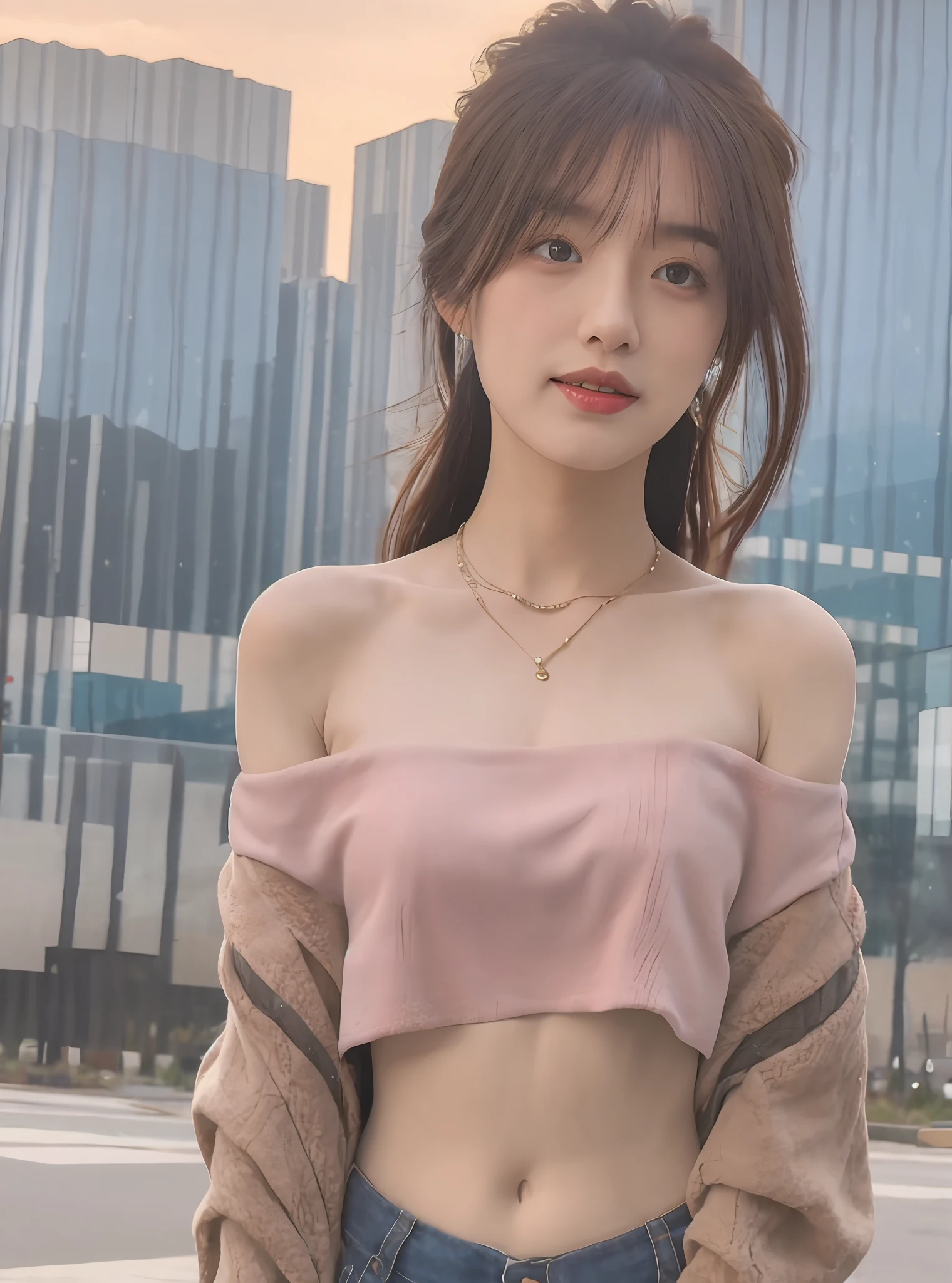 mix4,(8K,RAW photos,best qualtiy,tmasterpiece:1.2),(realisticlying,photograph realistic:1.37),1girll,adolable,view over city,the night,Sateen,soggy,profesional lighting,photon maping,Radio City,physically-based renderingt,shyexpression,Bandeau,Crop topping,Off-the-shoulder cropped top