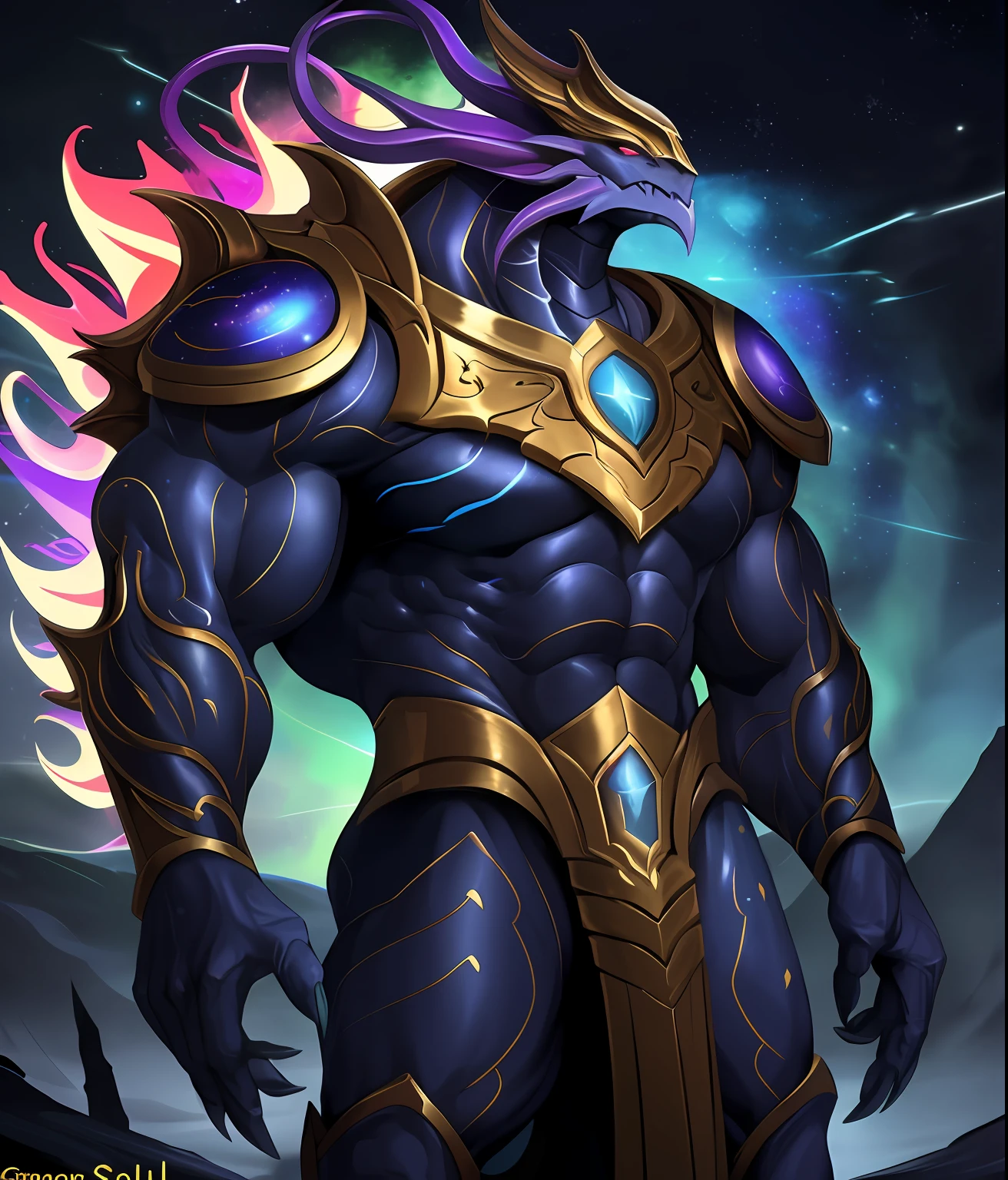 Dragonkin, dragonborn, Dragonkin god, humanoid god of all dragons, completely covered in multicolored ethereal armor, god of protection, cosmic power, bodybuilder build, fully armored in ethereal power, huge, imense, godly runes all over the armor, epic, very broad shoulders, imponent, king, paladin god, celestial, universal, extremely rainbow colorful flames, offwhite armor filled with contellations, godly, imense over_muscular god, (badass_character_design: 1.9), elder, infinite power, godly, (colorful_extreme_power: 1.9) (epic: 1.9), extremely rainbow colorful flames, cosmic, absurd cosmic power, ethereal cosmic power, constellations everywhere, elder god, (intricate_detail: 1.9), cosmos, (Aurelion_Sol: 1.9)