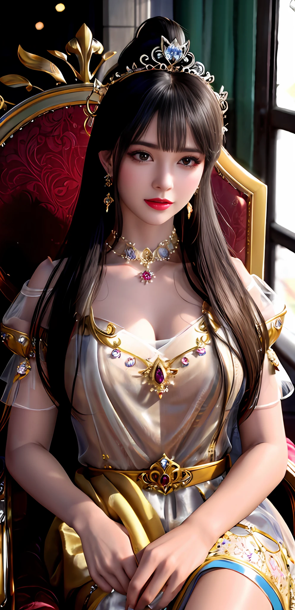 (realisticity: 1.2), best quality, high quality, best resolution, 8K UHD, masterpiece, highres,cg,
1 super detailed girl, super detailed queen
, sitting on a super detailed royal throne, lud, xurious royal palace background, beautiful and detailed, super detailed long hair, wearing a beautiful and luxurious crown with diamonds and super detailed,
super detailed dress, Super detailed dress sleeves, super detailed beautiful earrings, Beautiful and beautiful necklace full of super detailed diamonds,
solo, jewelry, super detailed red and yellow dress, pretty face, beautiful, and super detailed,
, earrings, super detailed hairdo, splashing, the upper body is very super detailed, super detailed hair bun, super detailed black hair,
lighting,candid,Photograph,high resolution, 8k,Bokeh,