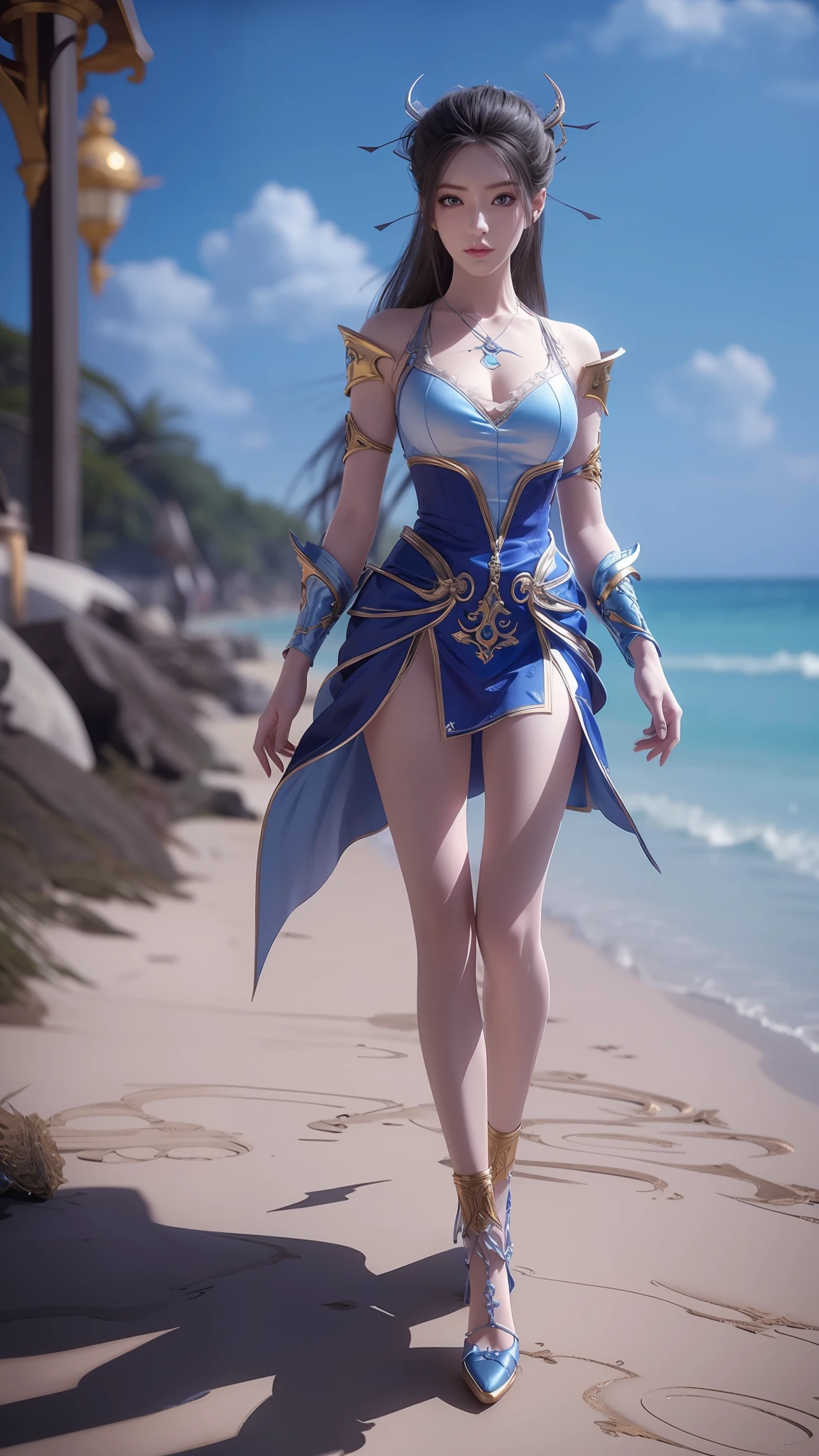 Arad woman in blue dress and white shirt walking on the beach, photorealistic anime girl rendering, render of a cute 3d anime girl, 3 D rendering character art 8 K, realistic fantasy rendering, Costume with blue accents, wearing fantasy clothing, fantasyoutfit, fantasy style clothing, hyper-detailed fantasy character, stuning fantasy 3 d render