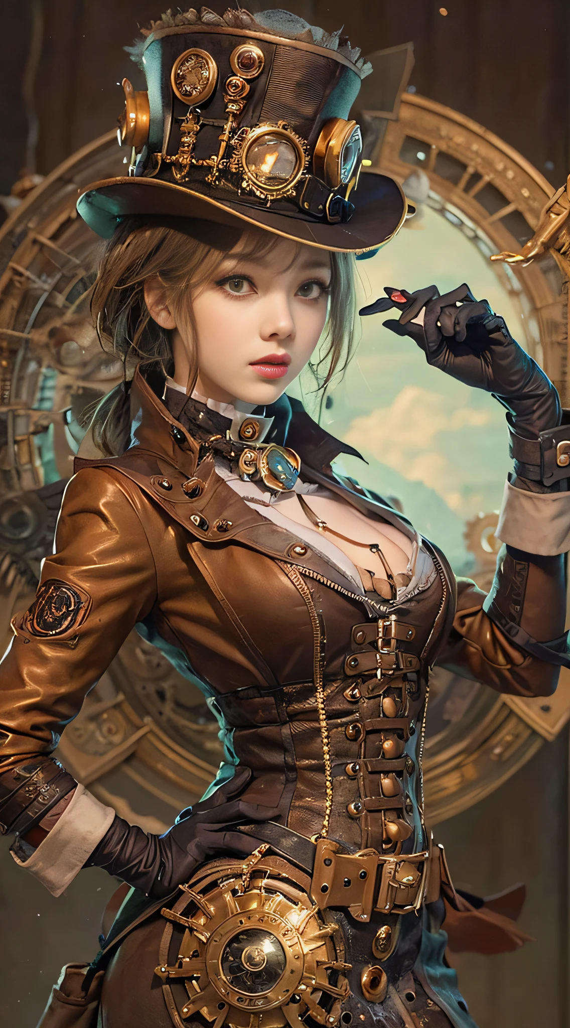 Woman in steampunk costume posing, wearing steampunk attire, steampunk fantasy style, (Steampunk), ( Steampunk ), a steampunk beautiful goddess, steampunk beautiful anime woman, Steampunk Girl, Steampunk style, steampunk fantasy, Steampunk, steampunk inventor girl, golden steampunk, steampunc, steampunc, Set in a steampunk world, Vivid steampunk concept