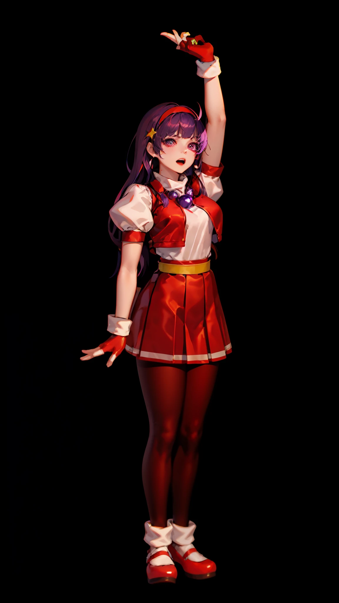 (tmasterpiece), (best qualtiy), (ultra - detailed), intricately details, athena97, 1girll, 独奏, Purple eye, Purple colored hair, long whitr hair, white earrings, red hairband, Star hair ornaments, medium breats, red tank top, white highnecksweater, White puffy sleeves, short- sleeved, Red pleated skirt, (deep red pantyhose:1.2), black pantyhoses, Yellow belt, purple sphere shape necklace, Red fingerless gloves, white short socks, Red shoes, photography of, Open-mouthed, Be red in the face, and the sun was shining brightly, NSFW, cowboy lens,