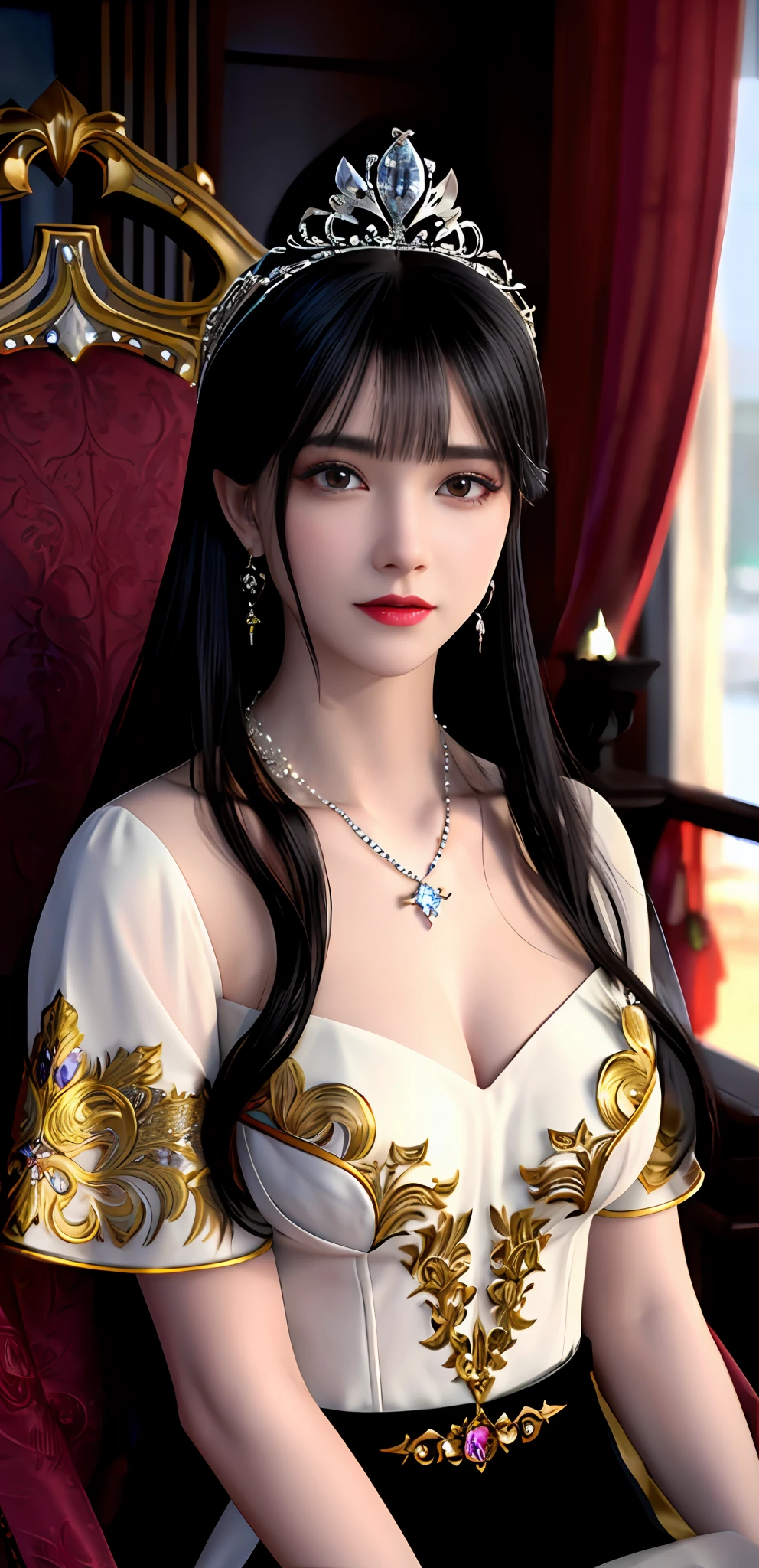(realisticity: 1.2), best quality, high quality, best resolution, 8K UHD, masterpiece, highres,cg,
1 super detailed girl, super detailed queen
, sitting on a super detailed royal throne, lud, xurious royal palace background, beautiful and detailed, super detailed long hair, wearing a beautiful and luxurious crown with diamonds and super detailed,
super detailed dress, Super detailed dress sleeves, super detailed beautiful earrings, Beautiful and beautiful necklace full of super detailed diamonds,
solo, jewelry, super detailed red and yellow dress, pretty face, beautiful, and super detailed,
, earrings, super detailed hairdo, splashing, the upper body is very super detailed, super detailed hair bun, super detailed black hair,
lighting,candid,Photograph,high resolution, 8k,Bokeh,
