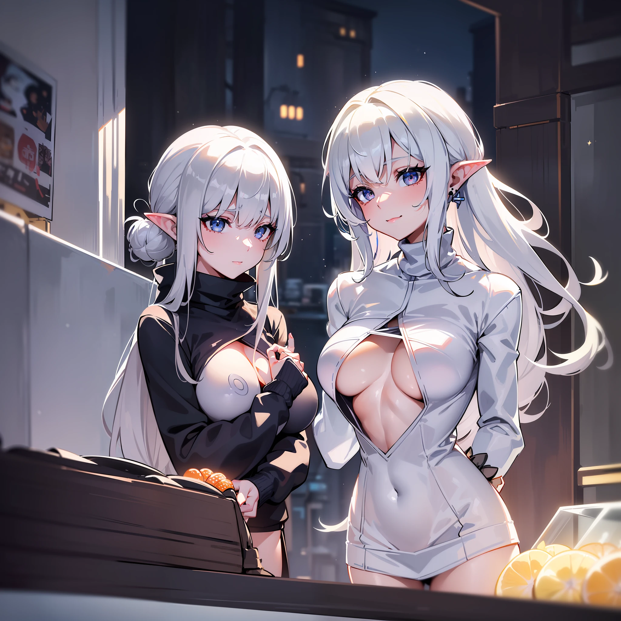 ((Russian girl)), (Gray hair), full bodyesbian , (Random posture exercises), (Random_Color) (Wear cute sweaters, turtleneck trousers,Wear a winter jacket brand Nike) , (Medium build, Toned muscles, Long legs, Slender waist, Slender thighs, Medium build, Toned muscles, by Ed Blinkey,) (Pointy-eared elves, Cute_face, Super_Detailed_Hair, double tails, Lex_Hair, pony tails, upstyle_Hair), ( Ear_coyote_Girl,Cute_Earrings, Smile), ( Pale_skin, Delicate_and_Beautiful_Hands, Beautiful_finger_With nails, Delicate_and_Beautiful_skin, Delicate_Eyes, Shiny_Eyes, watery_Eyes, Bright_pupils, Beautiful_Lips, Delicate_boobgasm, Nippur), (Photorealistic), (illustration), (Detailed), (extremely_Detailed), (Ultra-detailed), (Masterpiece), (A high resolution), (Original), (Extremely detailed_the wallpaper), (Cinematic lighting), (Tyndall effect), (Cinematic lighting),(), City_Background in winter with a lot of snow, ((Cute glass boxes magically floating in the air,There is a grocery store inside, during night, Nice and colorful lighting decoration_Background)), (An extremely delicate and beautiful girl), insanely details, Intricate details, ultra - detailed, Low contrast, Soft cinematic light, dim colors, exposure blend, hdr, Front, High attention to girls