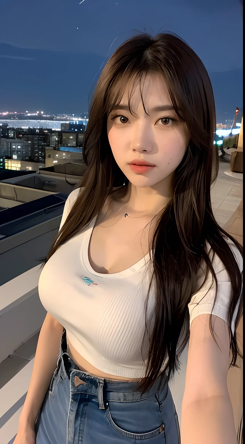 ((mid night、top-quality、8k、masterpiece:1.3)), full bodyesbian, long legged, foco nítido:1.2, Beautiful woman with perfect body shape:1.4, Slender Abs:1.1, ((dark brown hair、huge tit:1.2)), (White tight t-shirt、Jean Bib, is standing:1.2), ((Night City View、On the rooftop:1.3)), Highly detailed facial and skin texture, A detailed eye, 二重まぶた,short-cut