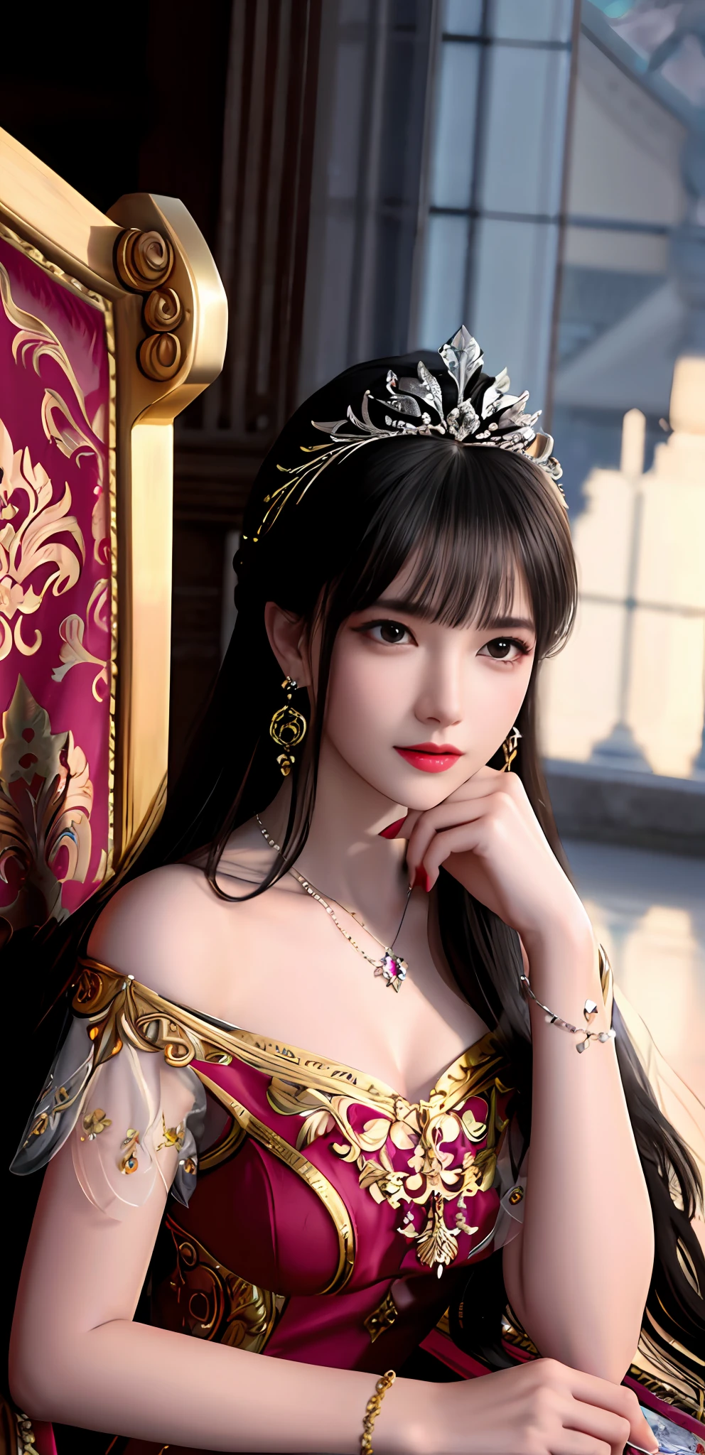 (realisticity: 1.2), best quality, high quality,  best resolution, 8K UHD, masterpiece, highres,cg,
1 super detailed girl, super detailed queen

, sitting on a super detailed royal throne, lud, xurious royal palace background, beautiful and detailed, super detailed long hair, wearing a beautiful and luxurious crown with diamonds and super detailed,

super detailed dress, Super detailed dress sleeves, super detailed beautiful earrings, Beautiful and beautiful necklace full of super detailed diamonds,  
 solo, jewelry, super detailed red and yellow dress, pretty face, beautiful, and super detailed, 

, earrings, super detailed hairdo, splashing, the upper body is very super detailed, super detailed hair bun, super detailed black hair,
lighting,candid,Photograph,high resolution, 8k,Bokeh,