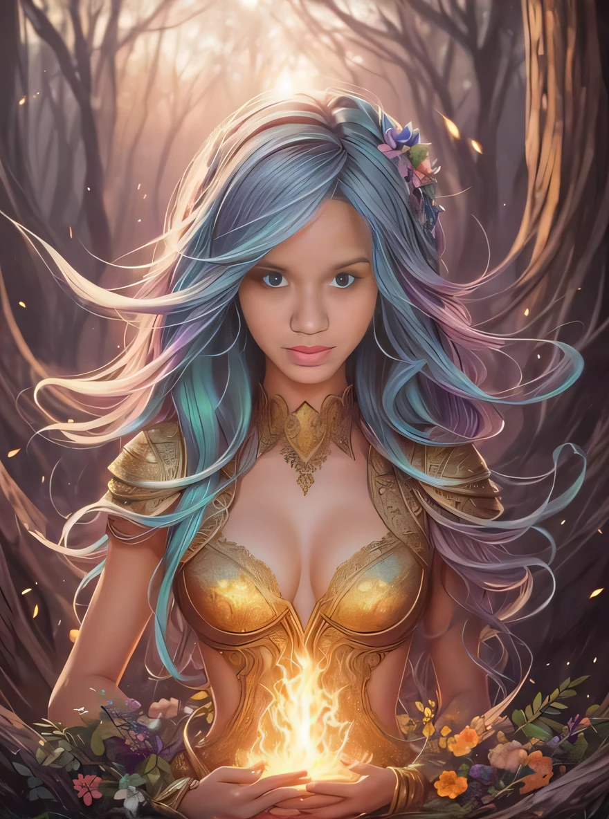 uma mulher com cabelo azul e um vestido dourado segurando uma bola brilhante, estilo de arte de fantasia, arte de fantasia detalhada, retrato de fantasia fosco detalhado, arte digital de fantasia detalhada, retrato bonito da arte da fantasia, bela arte de fantasia, Epic fantasy art style, Artgerm Julie Bell Beeple, arte estilo fantasia, arte do retrato da fantasia, arte de fantasia digital 2d detalhada, Epic Fantasy Digital Art Style