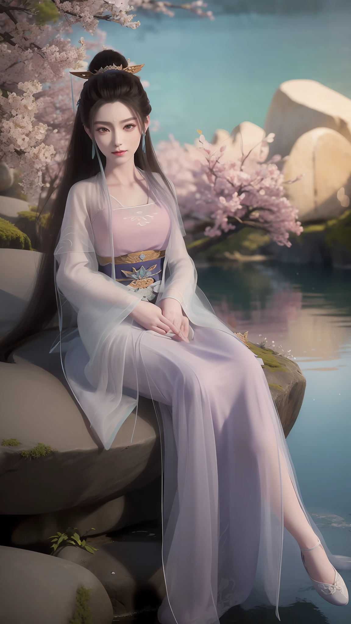 The Araved woman dressed in purple sits on a rock near the body of water, Extremely detailed Artgerm, Keqing from Genshin Impact, 2. 5 D CGI anime fantasy artwork, full-body xianxia, zhongli from genshin impact, elegant cinematic pose, spellcasting pose, WLOP and Sakimichan, highly detailed exquisite fanart