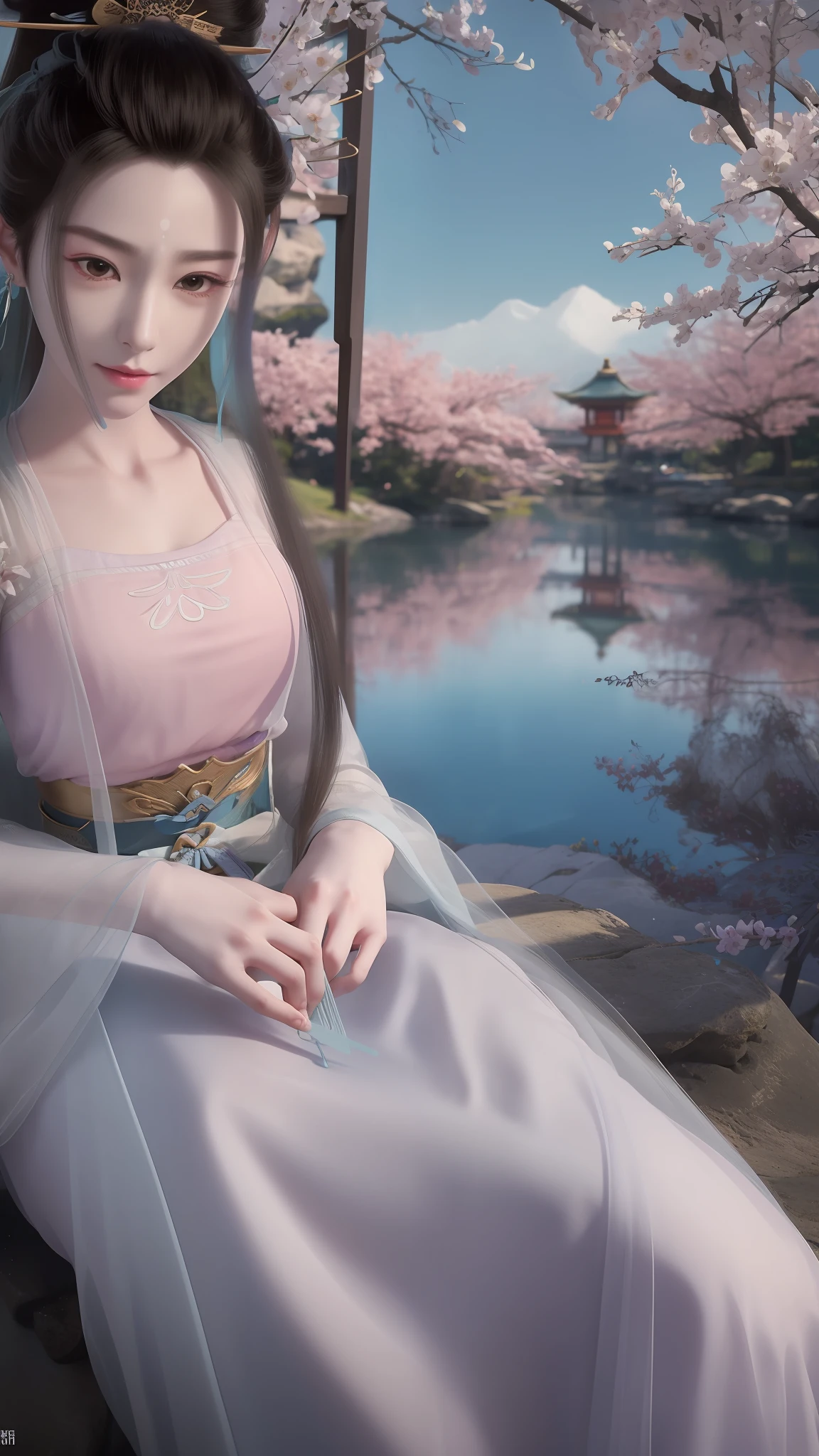 The Araved woman dressed in purple sits on a rock near the body of water, Extremely detailed Artgerm, Keqing from Genshin Impact, 2. 5 D CGI anime fantasy artwork, full-body xianxia, zhongli from genshin impact, elegant cinematic pose, spellcasting pose, WLOP and Sakimichan, highly detailed exquisite fanart