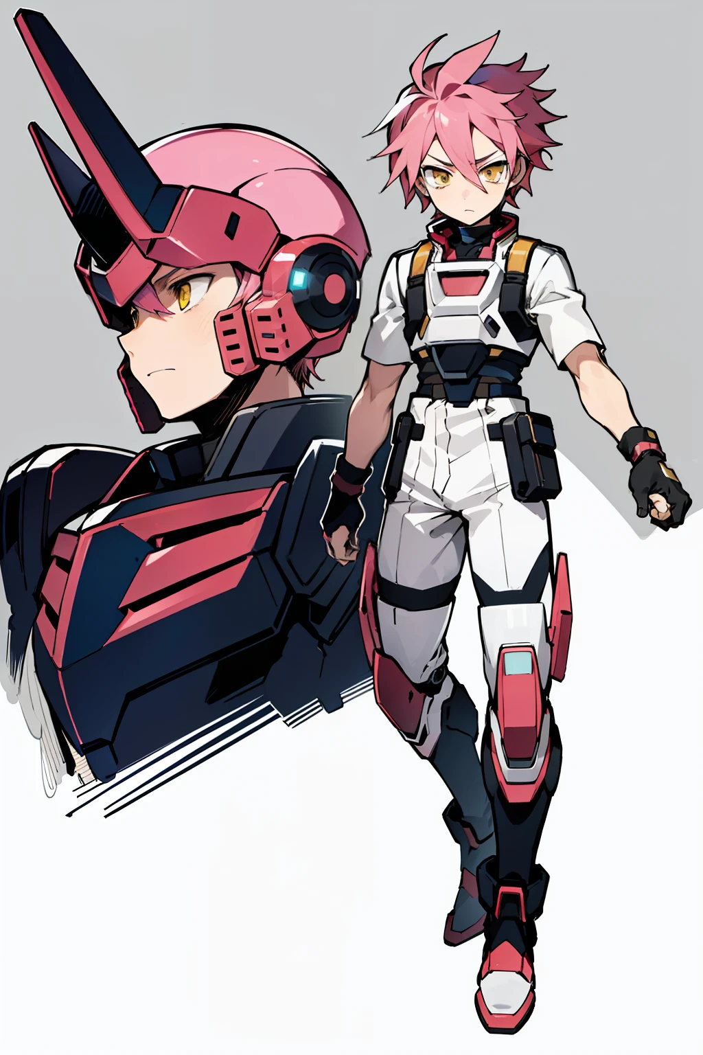 masterpiece, best quality, head-mounted display, full body, scared, short hair, pink hair,2 boys, duo, spiky hair, yellow eyes,  headphone, detailed face, install mobile suits