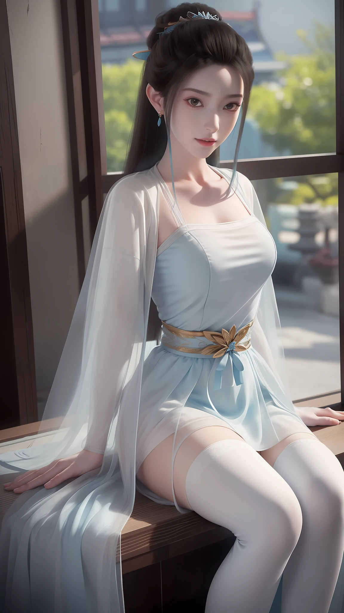 Arad woman in blue dress sitting on windowsill, cute anime waifu in a nice dress, trending on cgstation, 8K high quality detailed art, anime barbie in white stockings, highly detailed exquisite fanart, Extremely detailed Artgerm, the anime girl is crouching, flowing magical robe, beautiful and seductive anime woman, WLOP and Sakimichan