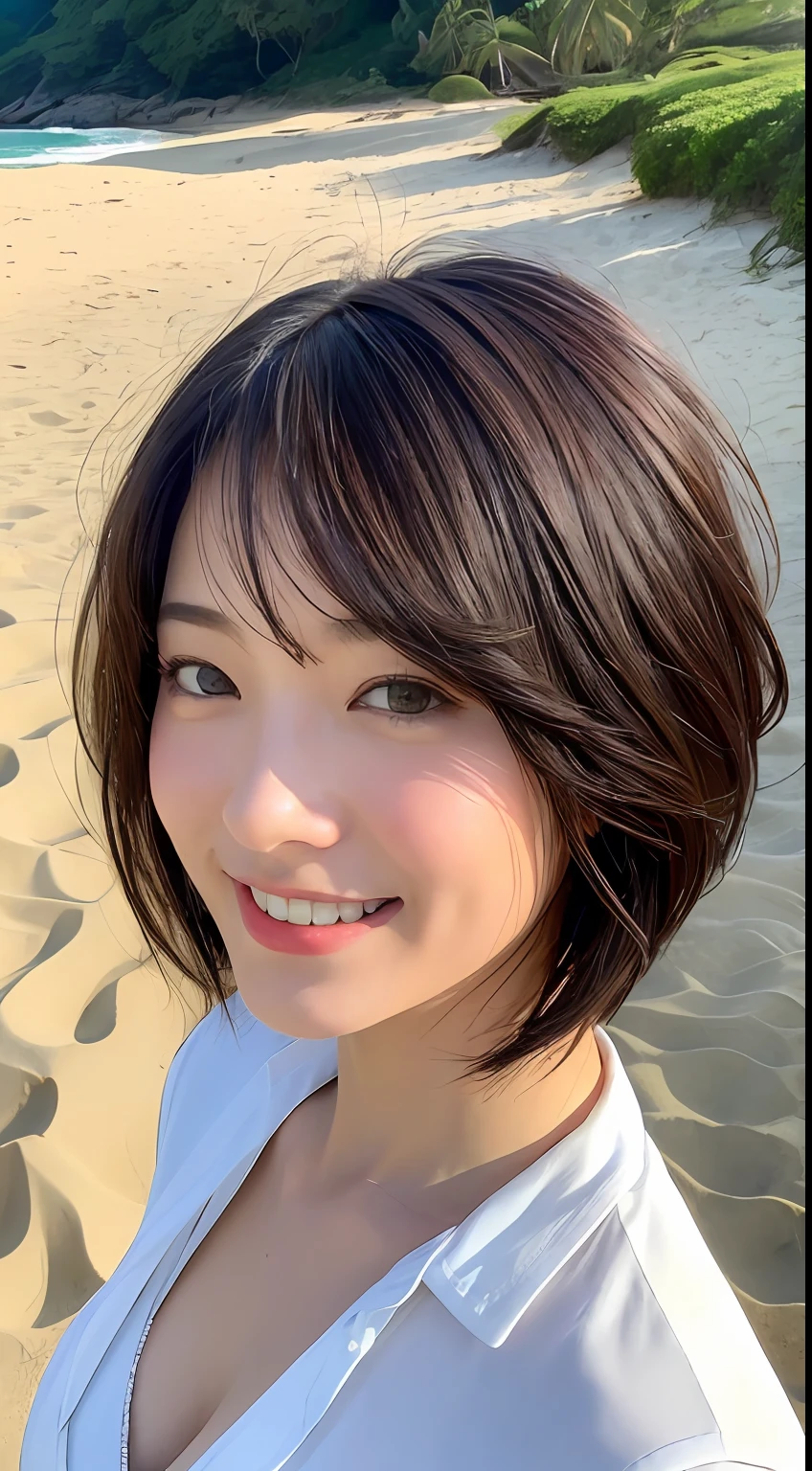 ((top-quality、8K、:1.3))、sharp、、、:1.2、perfectbodybeauty:1.4、Slim abs:1.2、((Layered Bob Hairstyles、bobhair、Colossal tits:1.2))、(Wet white button long shirt:1.1)、(Sunnyday、mare、、、:1.2)、Wetty:1.5、Very fine face and skin texture、Beautiful face、二重まぶた、Looking at the camera、Miyakojima Beach、sand beach、Colorful bikini、A smile