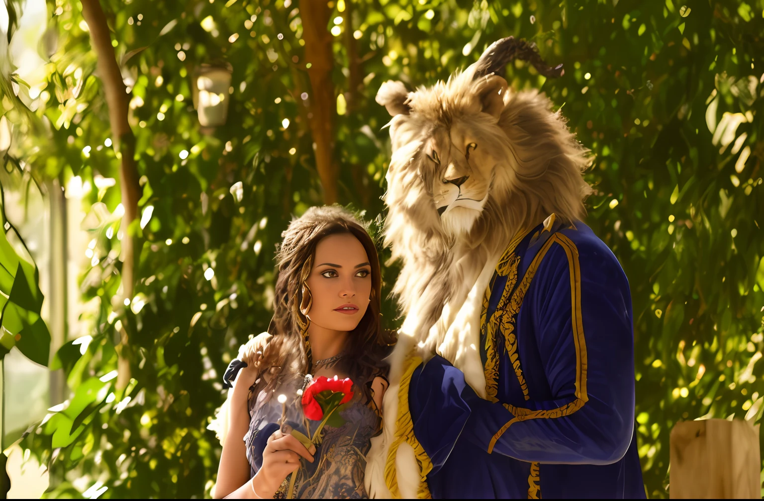 There is a woman next to a man dressed as a lion, A Bela e a Fera, Foto tirada com Nikon D750, Foto tirada com Nikon D 7 5 0, Directed by: Edward Corbett, editing, Foto dos bastidores, goodlooking, filme promocional ainda, Directed by: Maksimilijan Vanka, Directed by: Juliette Wytsman, Directed by: Jeanna bauck