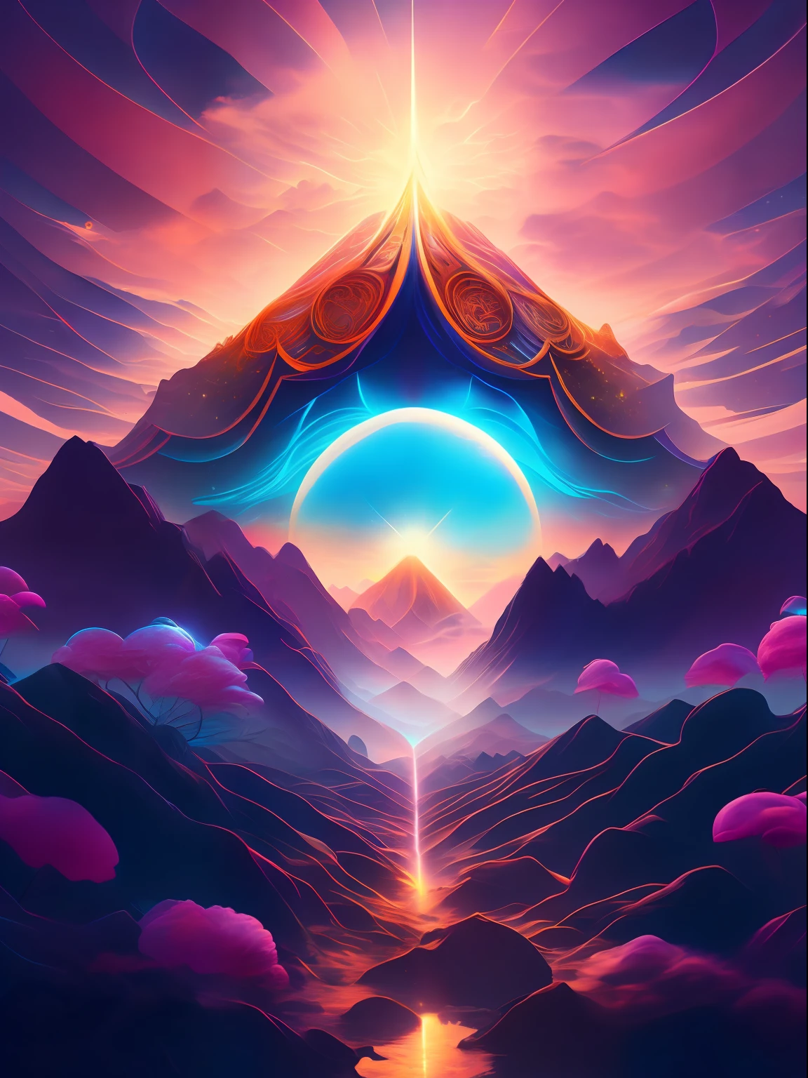 Best quality, masterpiece, Symmetric, symmetry, ultra high res, (photorealistic:1.4), raw photo,Land of Heavens, mountains illuminated by a mist, mist descending and ahead a tower with a giant eye on top, snake pupil, blue eye, Lord of the Rings, Sauron, all-seeing eye, eye of illuminati, fantasy, pink ,cyan tones, T-shirt design, midjourney, vector art, hydro74, solar flares, halo effects,   suite, cinematic lighting, serene bliss, diffused light, daylight, god rays, sun rays, chromatic abberation, caustics , official art, unity 8k wallpaper, ultra detailed, beautiful and aesthetic,  masterpiece, best quality, (zentangle, mandala, tangle, entangle), (ecstasy of flower:1.2), dynamic angle, serene bliss, cowboyshot, the most beautiful form of chaos, elegant, a brutalist designed, vivid colours, romanticism, atmospheric