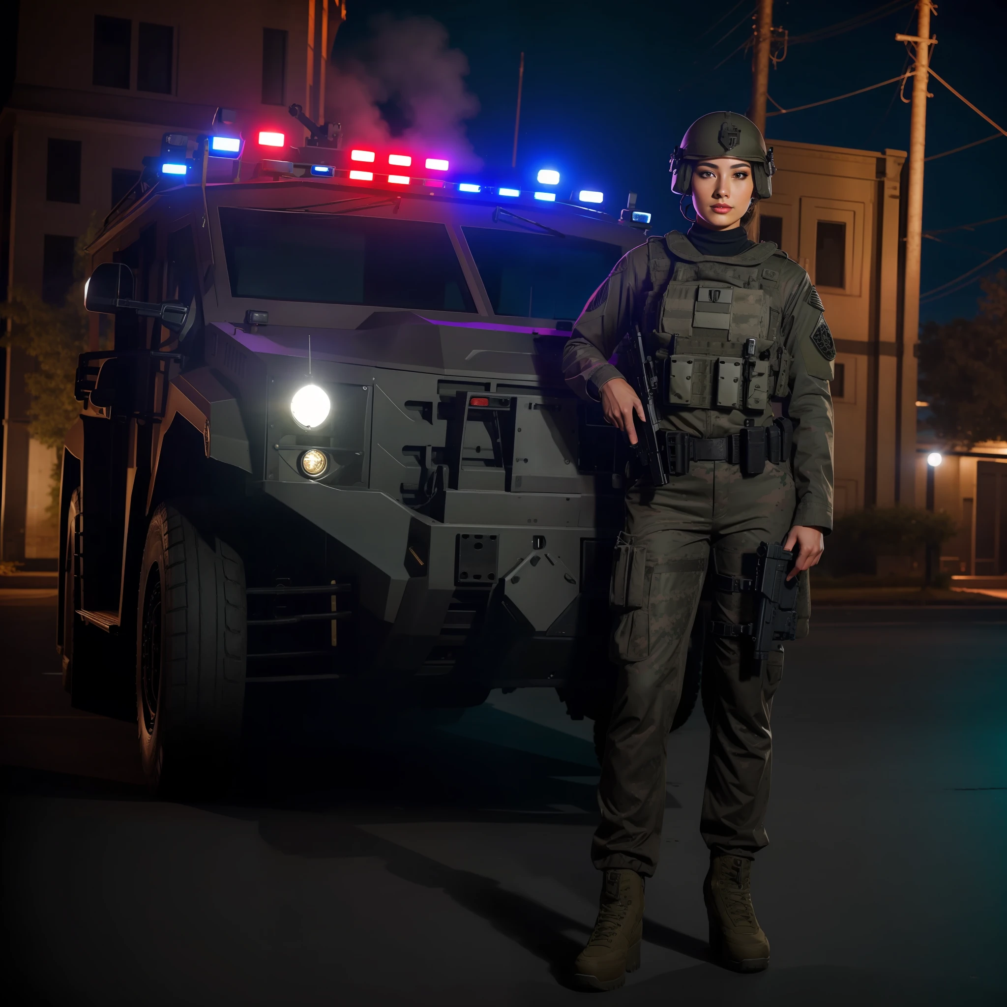 Beautiful tall attractive woman with black swat military uniform holding a gun night scenario with swat car with cyrene in best quality and best effects best shadows best lighting 8k