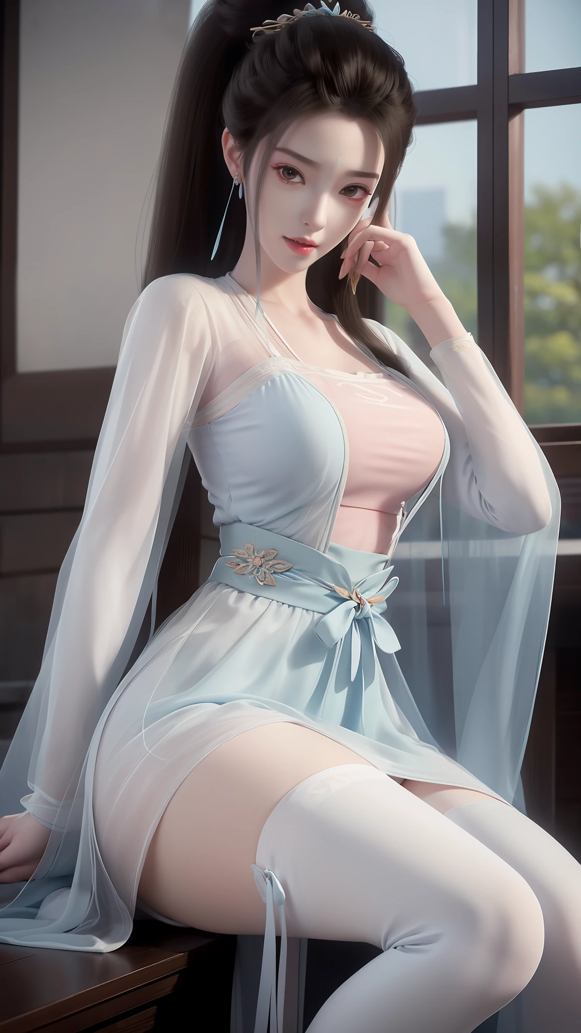 Arad woman in blue dress sitting on windowsill, cute anime waifu in a nice dress, trending on cgstation, 8K high quality detailed art, anime barbie in white stockings, highly detailed exquisite fanart, Extremely detailed Artgerm, the anime girl is crouching, flowing magical robe, beautiful and seductive anime woman, WLOP and Sakimichan