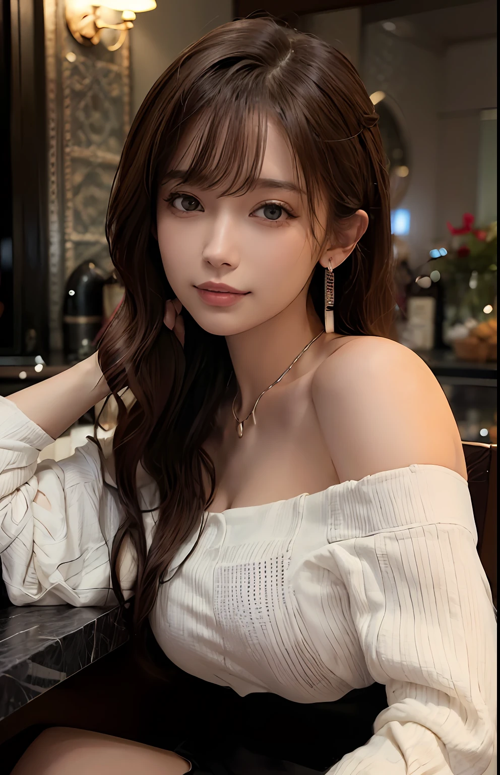 (Ultra Real), (Illustration), (High Resolution), (8K), (Very Detailed), (Best Illustration), (Beautiful and Detailed Eyes), (Best Quality), (Ultra Detailed), (Masterpiece), (Wallpaper), (Detailed Face), Solo, One Girl, Full Body, Staring Viewer, Fine Eyes and Mouth, Detailed Face, Bar Counter, In the Dark, Low Key, pureerosfaceace_v1, Smile, Long Hair, dark blonde straight hair, bangs, sitting in a chair, beautiful teeth, blushing cheeks, enchanted look, complex off-shoulder clothes, miniskirts, earrings, necklaces,