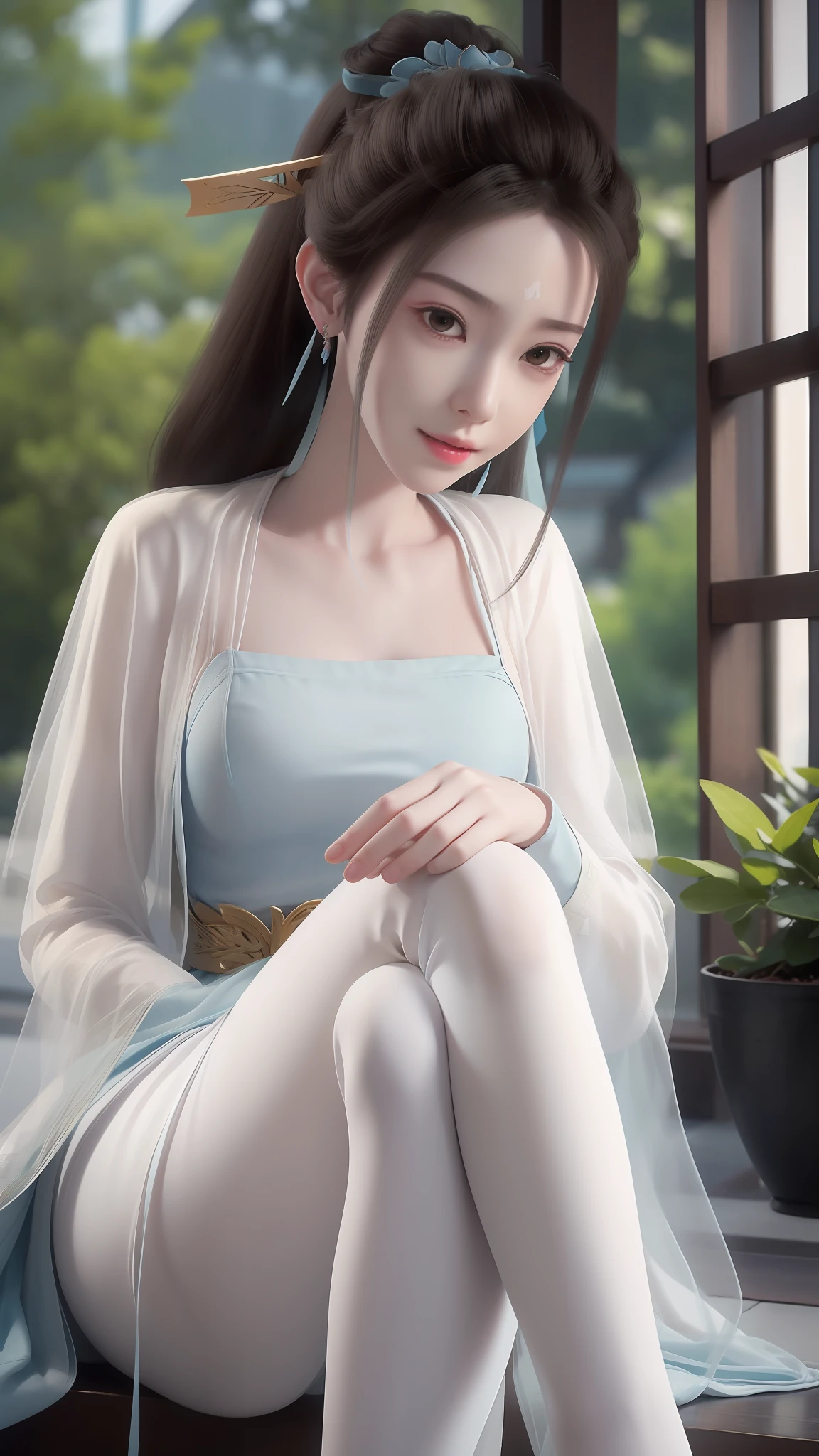 Arad woman in blue dress sitting on windowsill, cute anime waifu in a nice dress, trending on cgstation, 8K high quality detailed art, anime barbie in white stockings, highly detailed exquisite fanart, Extremely detailed Artgerm, the anime girl is crouching, flowing magical robe, beautiful and seductive anime woman, WLOP and Sakimichan