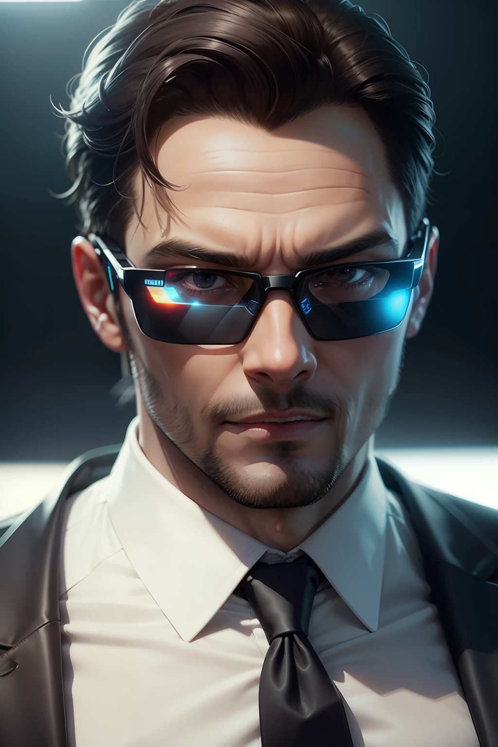 closup businessman face Holographic Smart Glasses, ultra realistic, ultra detailled, 8k, photorealistic, highly detailed, cinematic