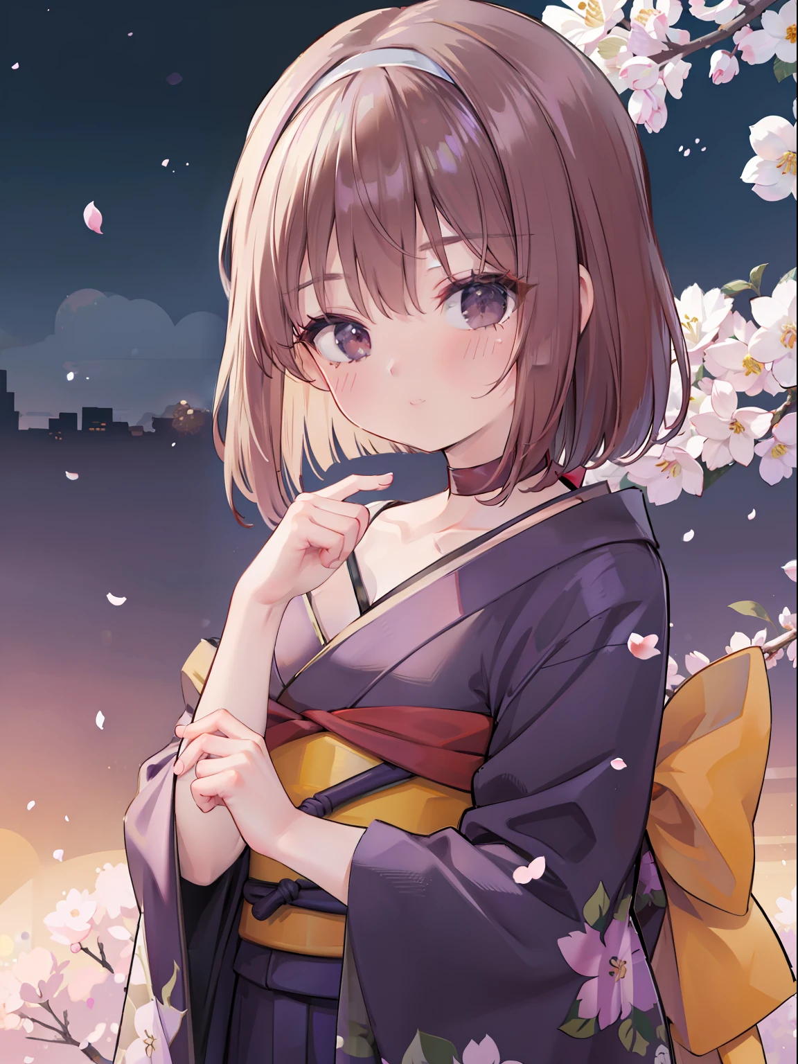 extremely detailed CG unified 8k wallpaper, very fine 8KCG wallpaper, absurderes，Lori ，Best Quality ，ultra-detailliert ，Beautiful face  ，​masterpiece、top-quality ，Best Quality ，ultra-detailliert ，Beautiful face、​masterpiece、top-quality、head band、sumire kanzaki、cups、Violet flowers、Cherry blossoms are blooming、Taisho cityscape