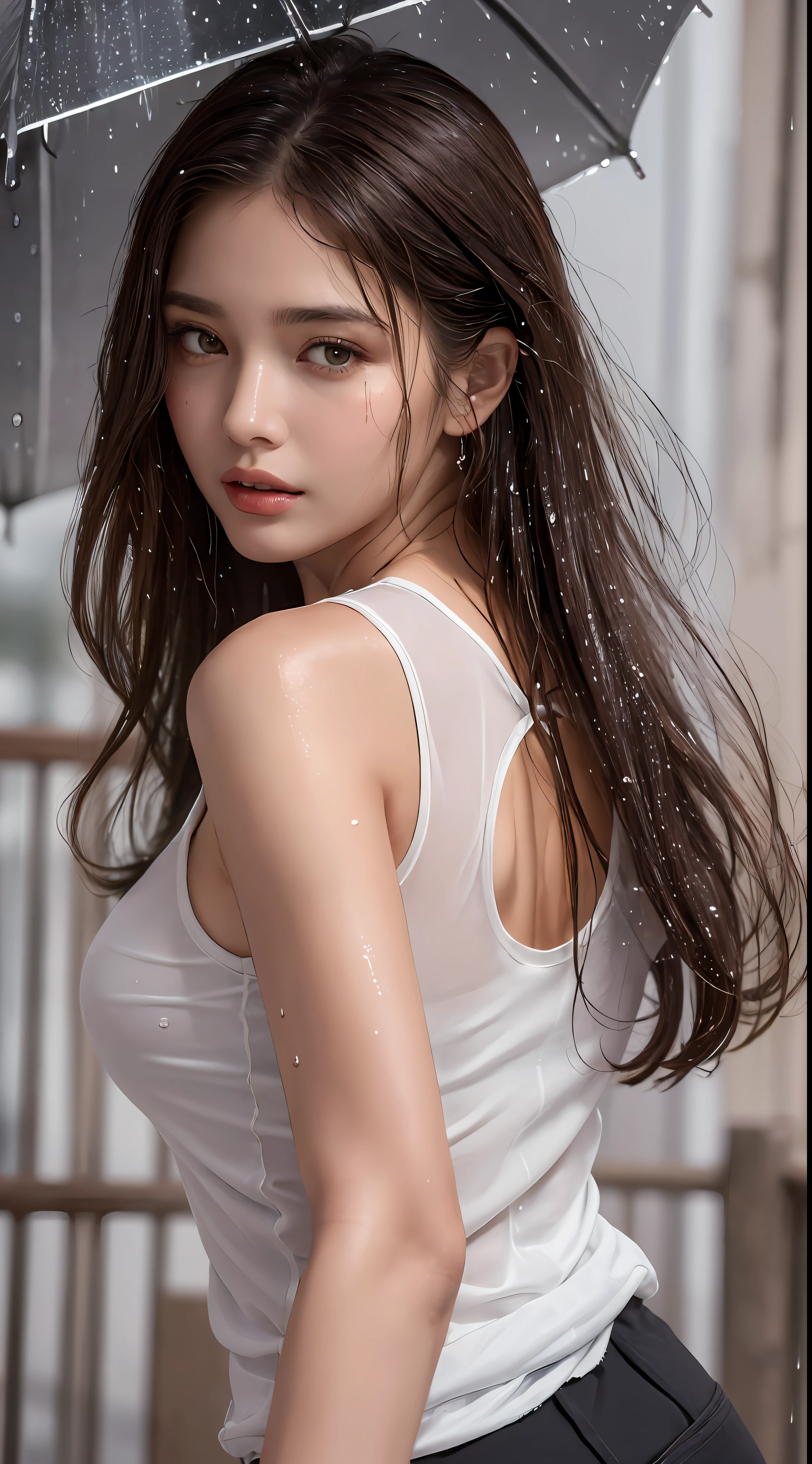 (Best quality, 4k, Masterpiece :1.3), pretty woman, 1girl, sexy :1.1, dark brown hair: 1.1, (rainy wet, wet from rain, wet body :1.2), white tank tops, ultra-detailed face, detailed lips, detailed eyes, double eyelid