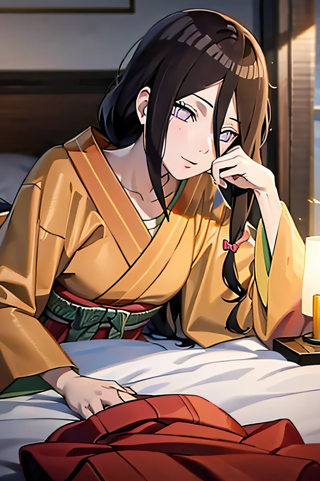 tmasterpiece， hoang lap ， （Complicated details）， （rich colourful）， 电影灯光， bust， the Extremely Detailed CG Unity 8K Wallpapers ， Hinata flower ratio， 1girll， 独奏， orange kimono， Red hakama skirt， obi strip， Wide sleeves， looking at viewert， Keep one's mouth shut， ventania， Combat posture， Low hair tied long，w hotel，onbed，Lie on your stomach on the bed