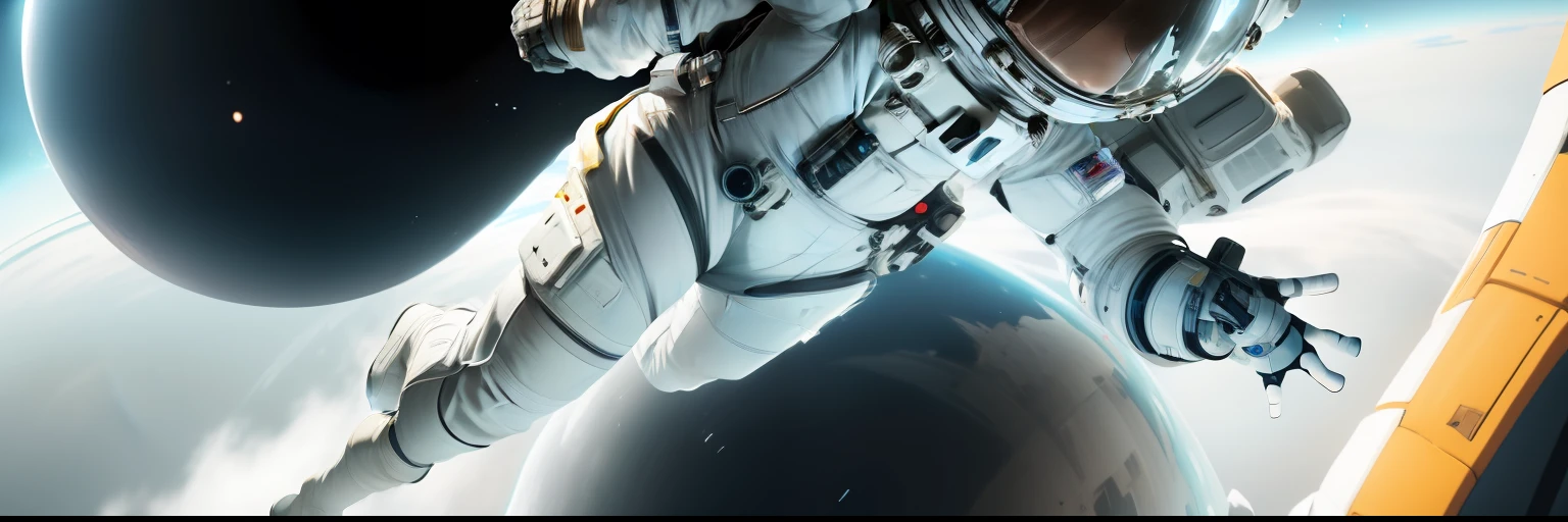 Lovely astronaut., Jump happily., Wearing a helmet: black mirror, Wearing a white spacesuit., super clear details, super clear materials, complex textures, octane rendering, ZBrush, Substance Painter. Artstation, Role unity, Full-body photo, three sided view