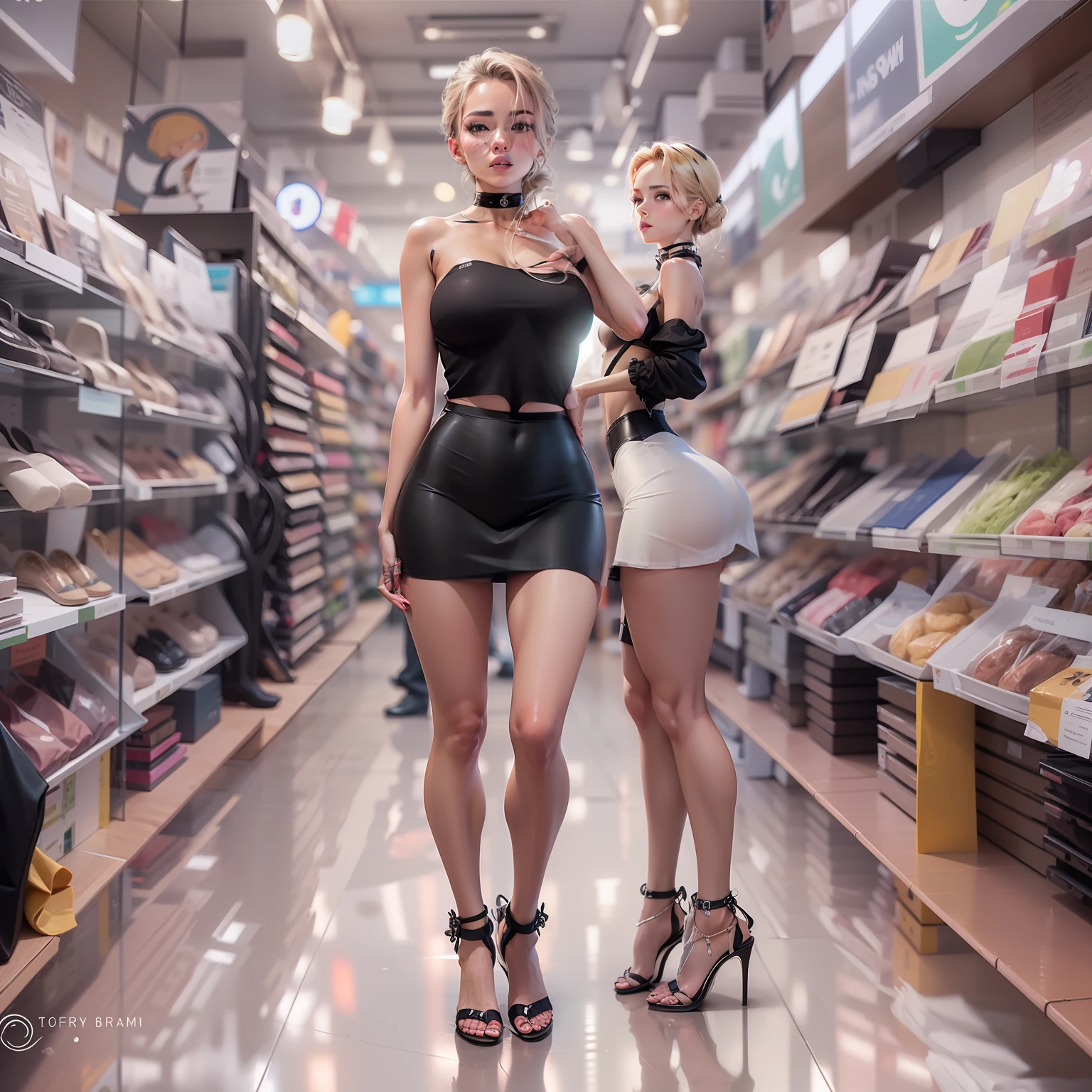 The Most Detailed Face,Long-legged slim blonde with a perfect body without underwear in a wide black short skirt with a high waist, Lifting up a skirt in a choker without panties without a bra in high sandals in the store lies in the leg up position, bottom