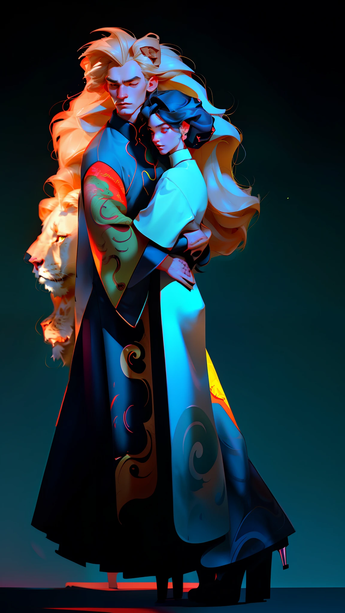 Mature beauties and bushy male lions lean together,on cheongsam,high-heels,(Handsome fashion IP cartoon lion:1.2),the Lion,The lion roared,full bodyesbian,neonlight,spotlight lights,Clean black background,gorgeous color,Hyper-detailing,rendering by octane,IP modeling style,ultra-realistic realism,Q board,3D渲染 --s 400 --niji 5 --q 2