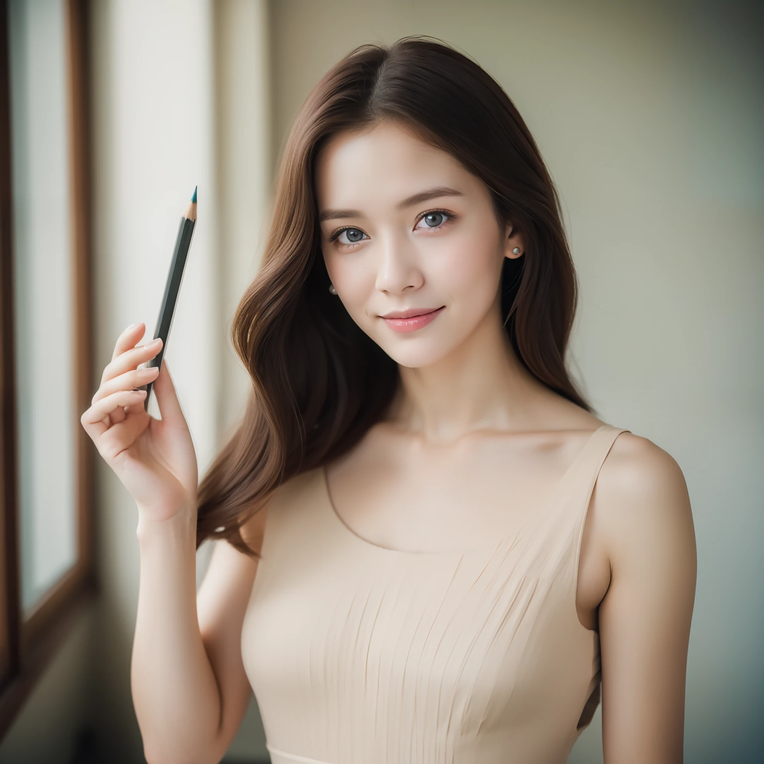 ( GiRl 25 year old), RAW photo, absurdres, high quality, photorealistic, ( pencil in hand:1)
a girl, housewife dress , looking at viewer, smile, detailed_skin, (freckles:0.5),Indoor , photo background,
photo realism, ultra-detailed, 50mm, f1. 4, 8k uhd, film grain