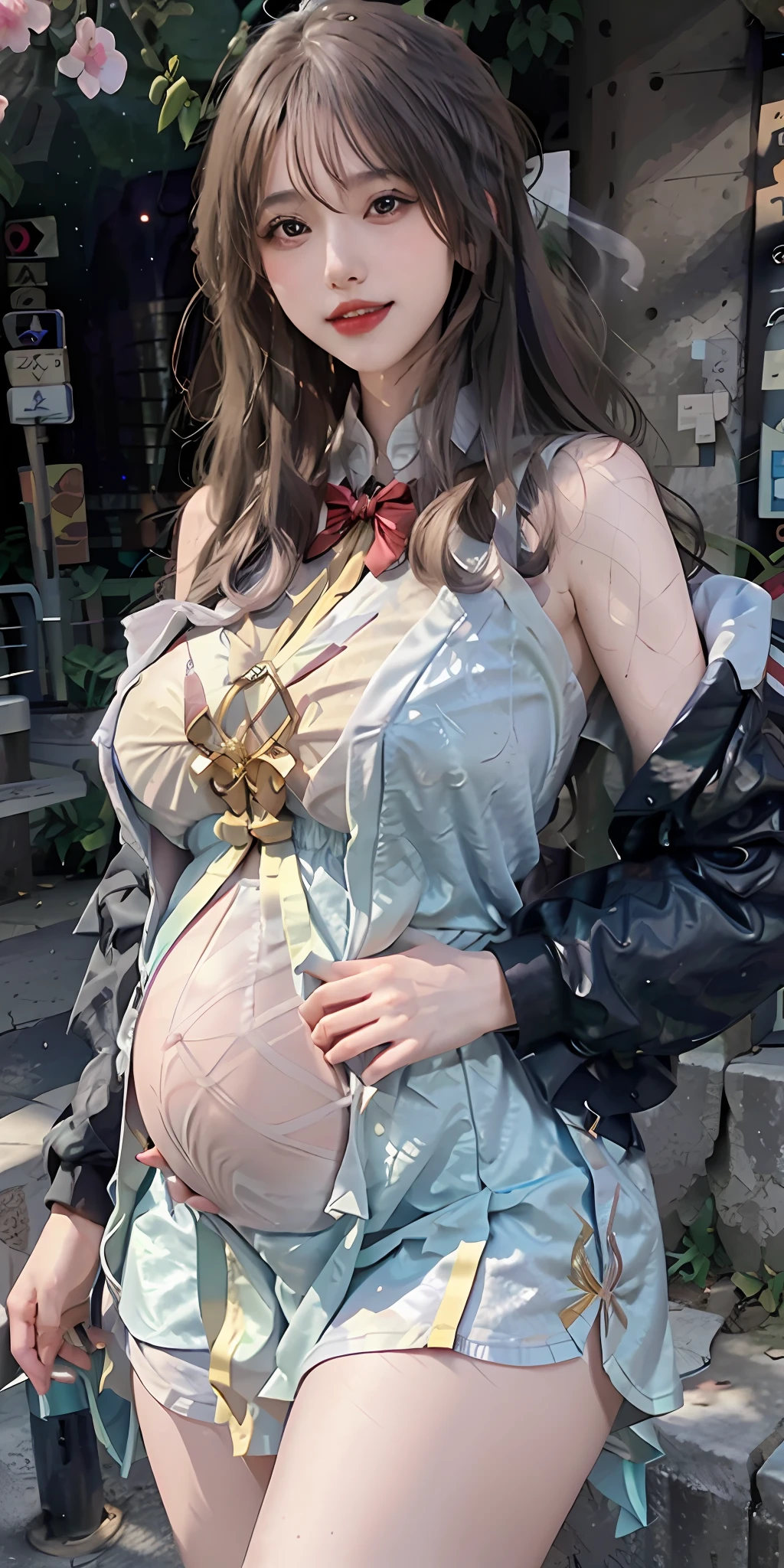 (Masterpiece: 1.6, Best quality), (beautidful eyes: 1.2), (Overhead), High quality, Beautiful face, 1girll, Wide shot, Nurse's uniform, Oversized leather jacket, Open shoulders, Big tits, Long hair, Wide hips, (gardens), street, Background, Detailed background, , Angled Laughter at the Corners of Mouth, Smoking a cigarette, sunglasses,Pregnant belly,Pregnant belly,
