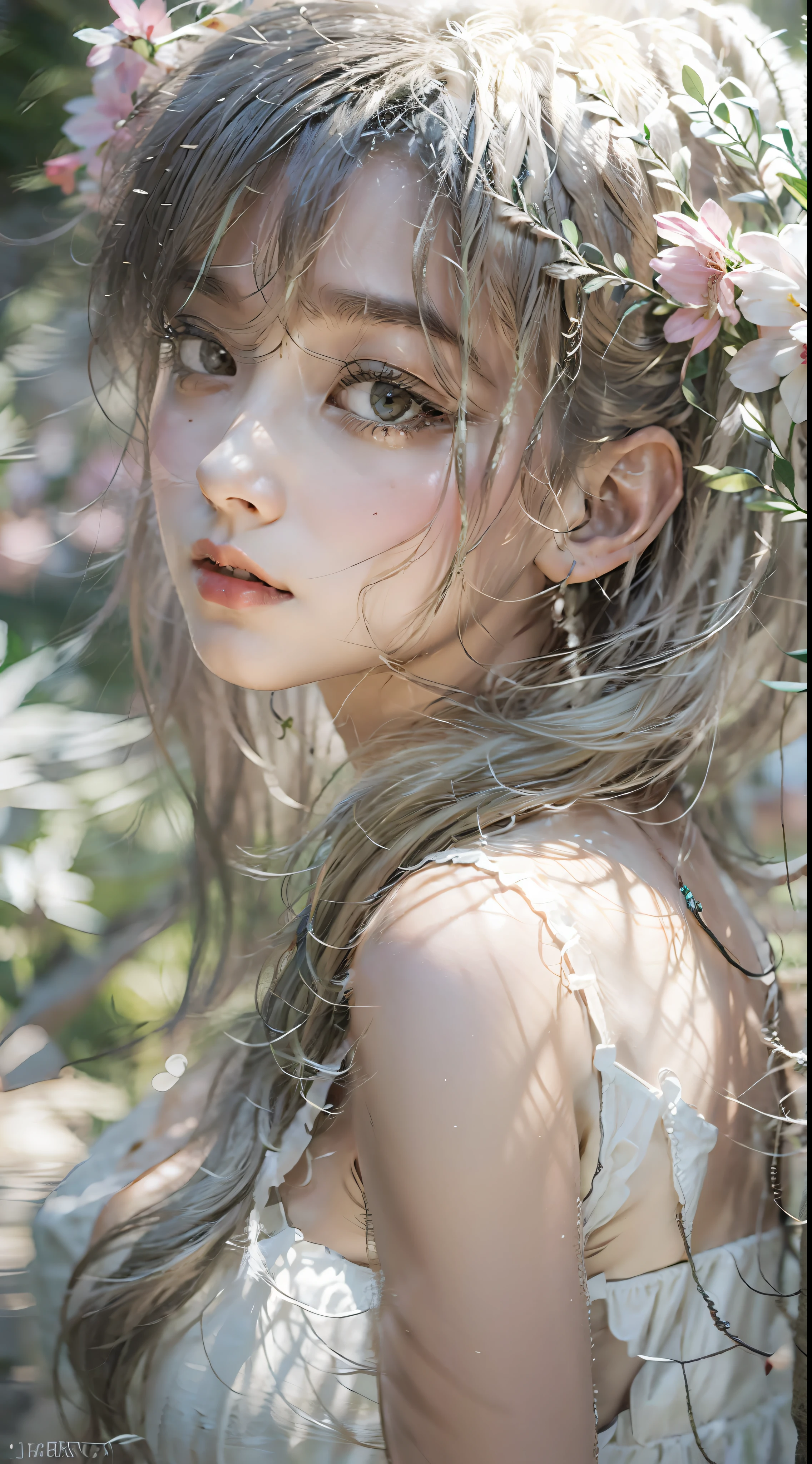 Natural elements with a forest theme、natta、Mysterious Night Forest、beautiful forest、clear stream、small stream、firefly、fireflys、naturey、Delicate leaves and branches surrounded by flowers(nature elements)、(Particle effect)、elf princess,the woods,Platinum Hair Accessories,(Photorealistic:1.4), (masutepiece, side lights, fine detailed beautiful eyes: 1.2), masutepiece*Portrait, Realistic, The face is delicate, Glowing eyes, Shiny hair, Glossy glossy skin, Solo, embarrassed from, (Midriff),(super-fine),Detailed pubic hair,acurate,(Works of masters),(best qualtiy),8K分辨率、dynamic viewing angle,No clothes, Perfect nudity, Legs spread, SEX, random provocative poses, beastly pose,